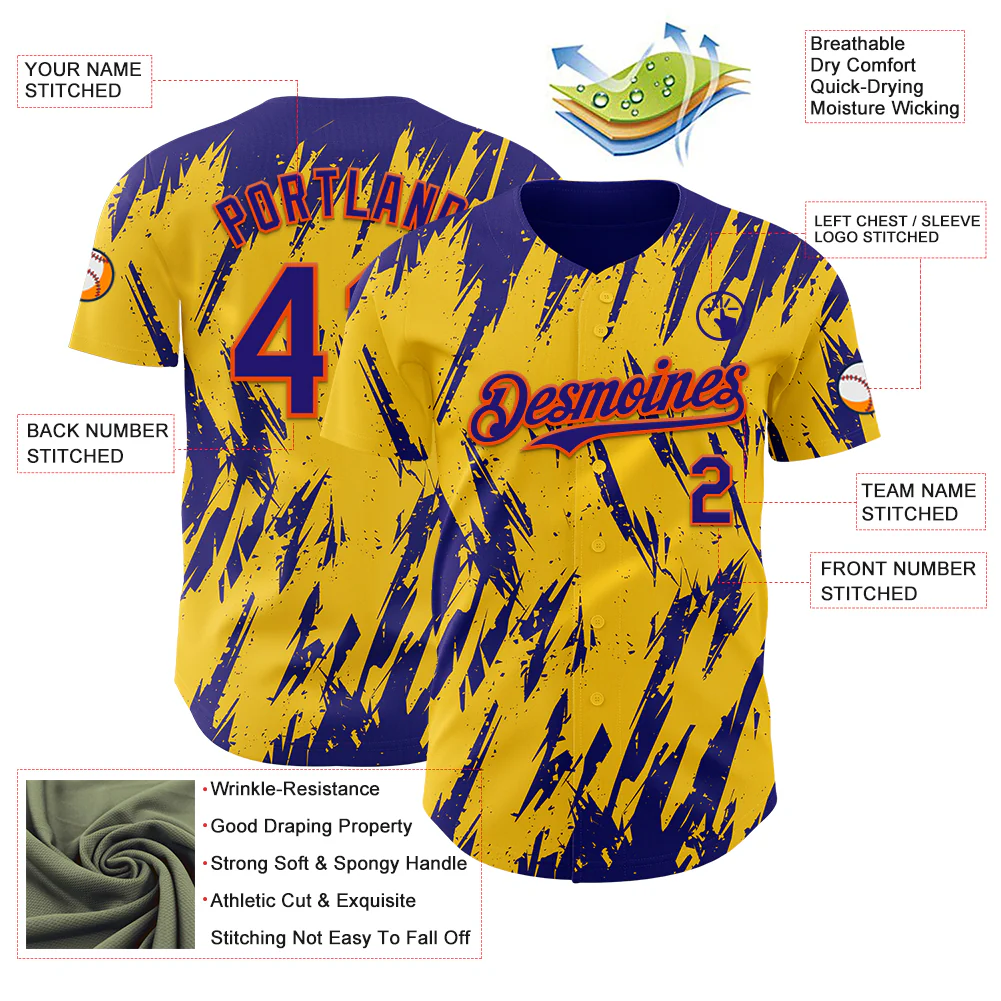 Custom Yellow Dark Purple-Orange Splatter Torn Sharp Brush Stroke Authentic Baseball Jersey - Image 3
