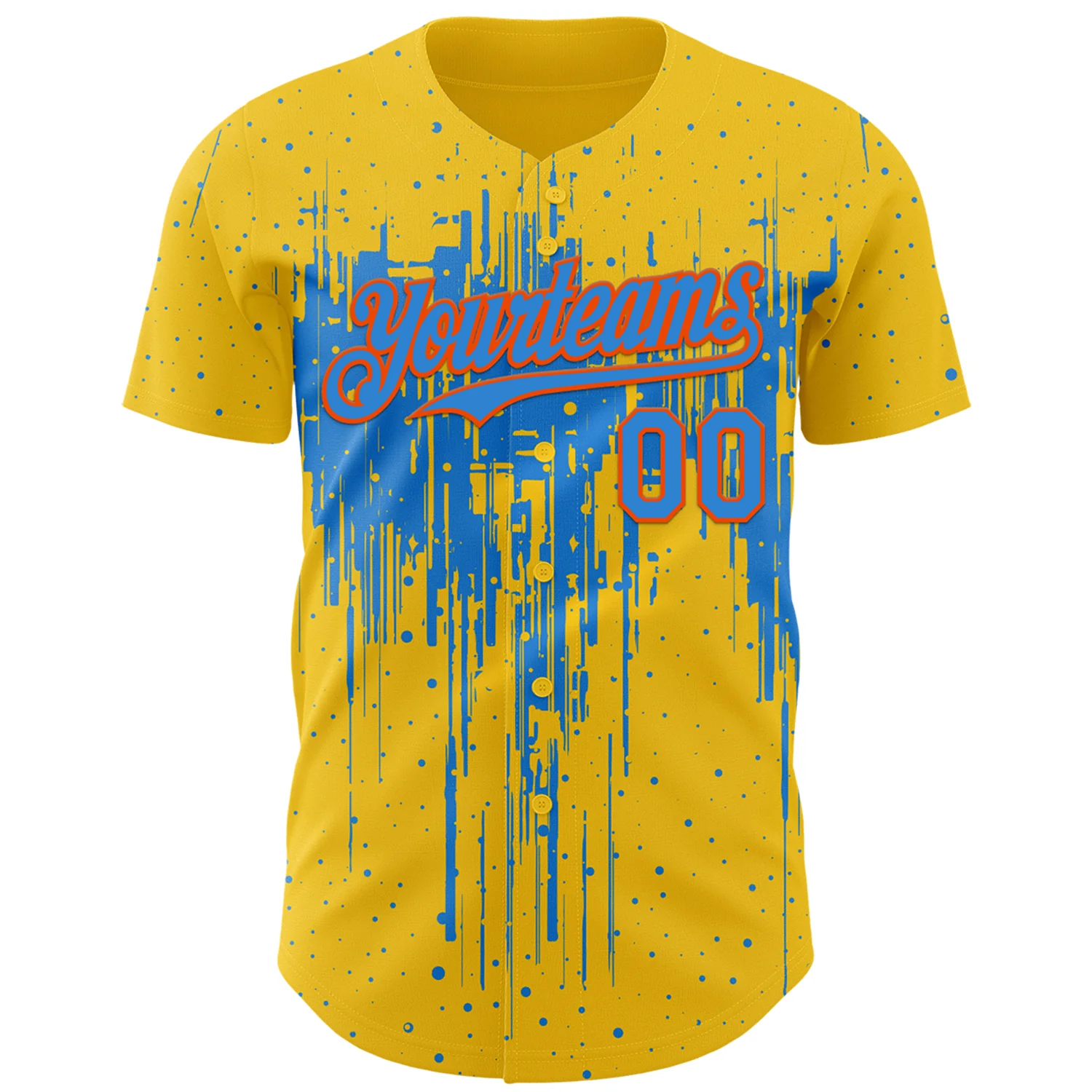 Custom Yellow Powder Blue-Orange Dripping Splatter Paint Authentic Baseball Jersey - Image 2