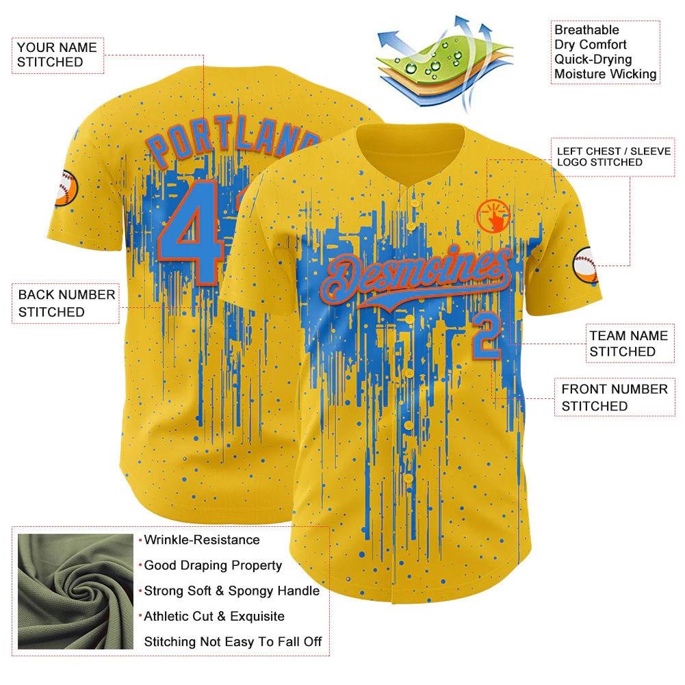 Custom Yellow Powder Blue-Orange Dripping Splatter Paint Authentic Baseball Jersey - Image 3