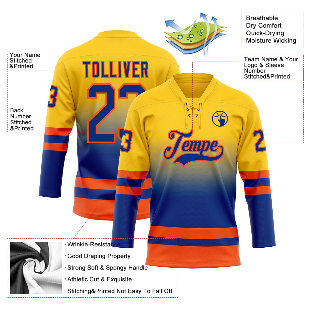 Custom Yellow Royal-Orange Fade Fashion Hockey Lace Neck Jersey - Image 5