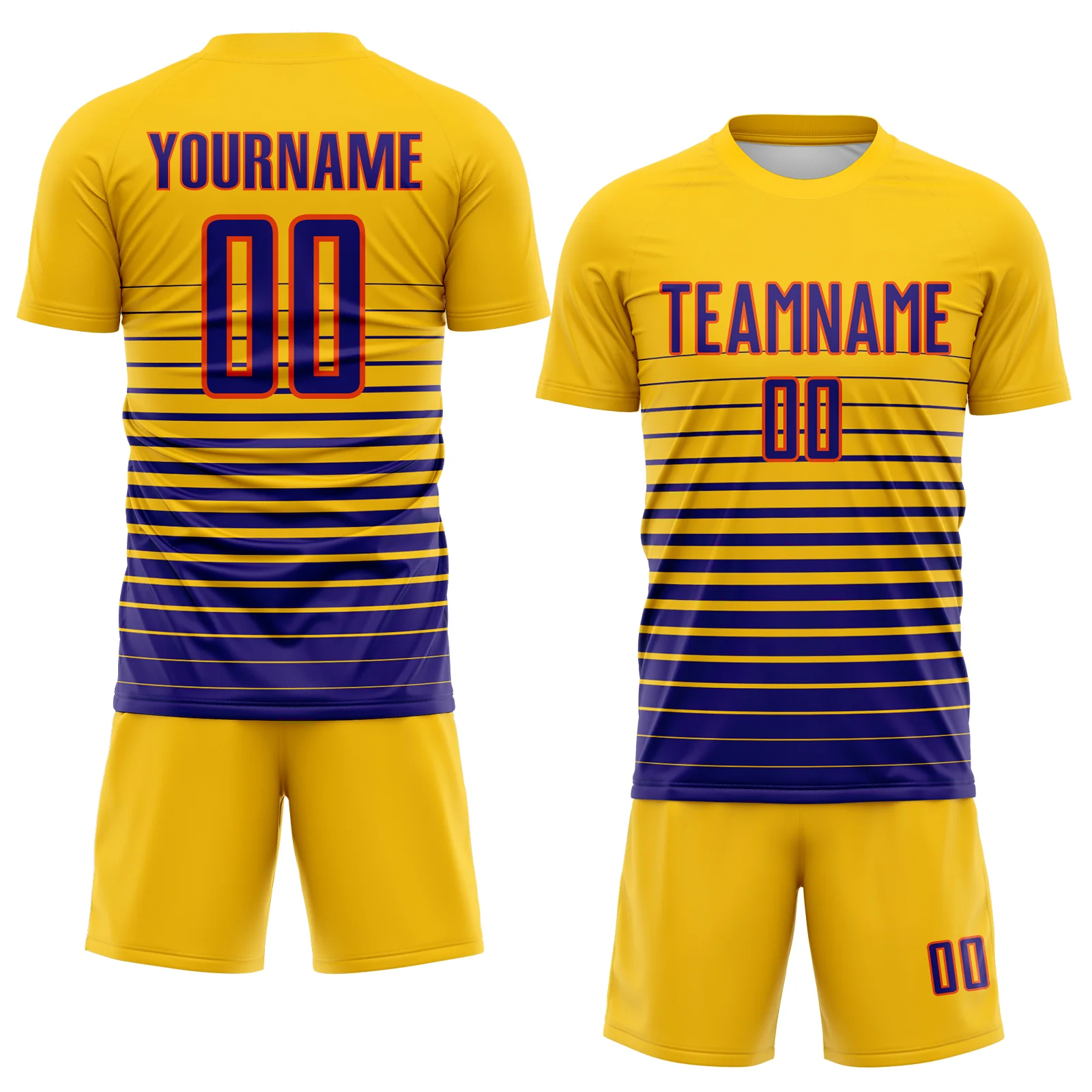 Custom Yellow Dark Purple-Orange Gradient Pinstripe Sublimation Soccer Uniform Jersey - Image 2