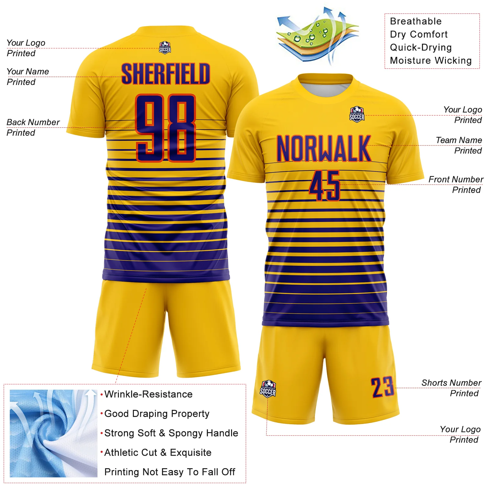 Custom Yellow Dark Purple-Orange Gradient Pinstripe Sublimation Soccer Uniform Jersey - Image 4