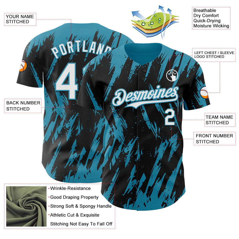 Custom Black White-Panther Blue Splatter Torn Sharp Brush Stroke Authentic Baseball Jersey - Image 3