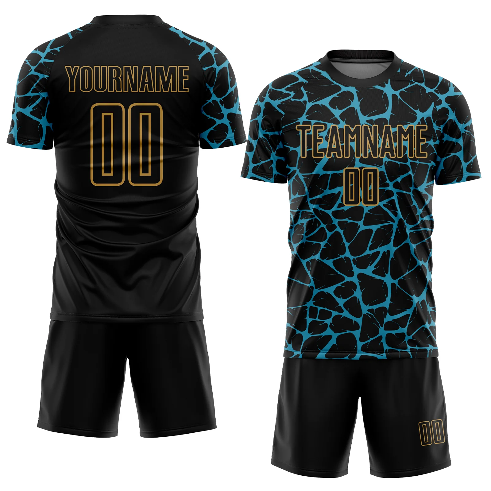 Custom Black Panther Blue-Old Gold Abstract Network Splash Sublimation Soccer Uniform Jersey - Image 2