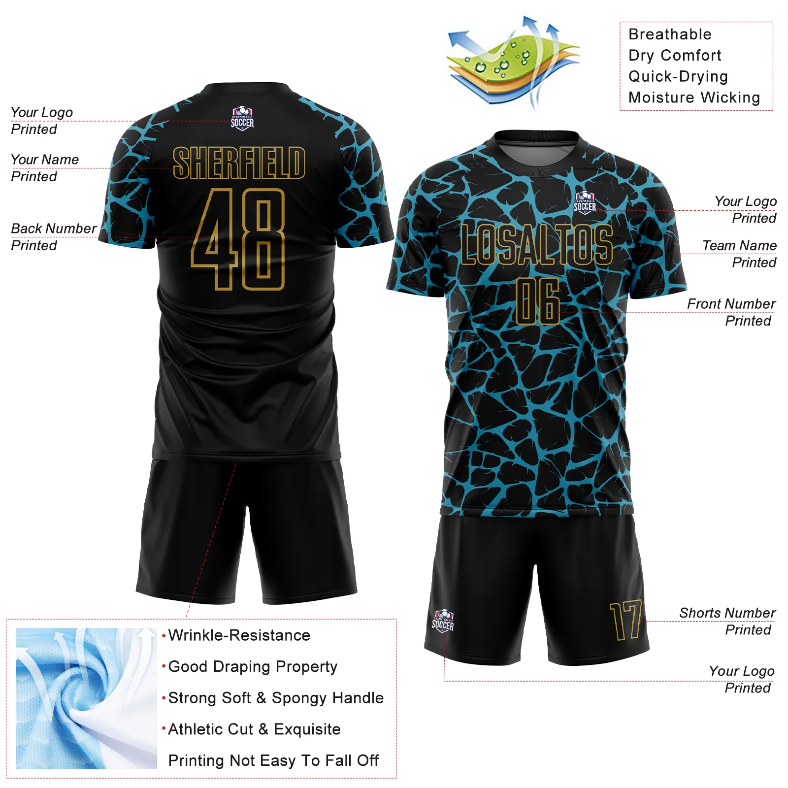 Custom Black Panther Blue-Old Gold Abstract Network Splash Sublimation Soccer Uniform Jersey - Image 4