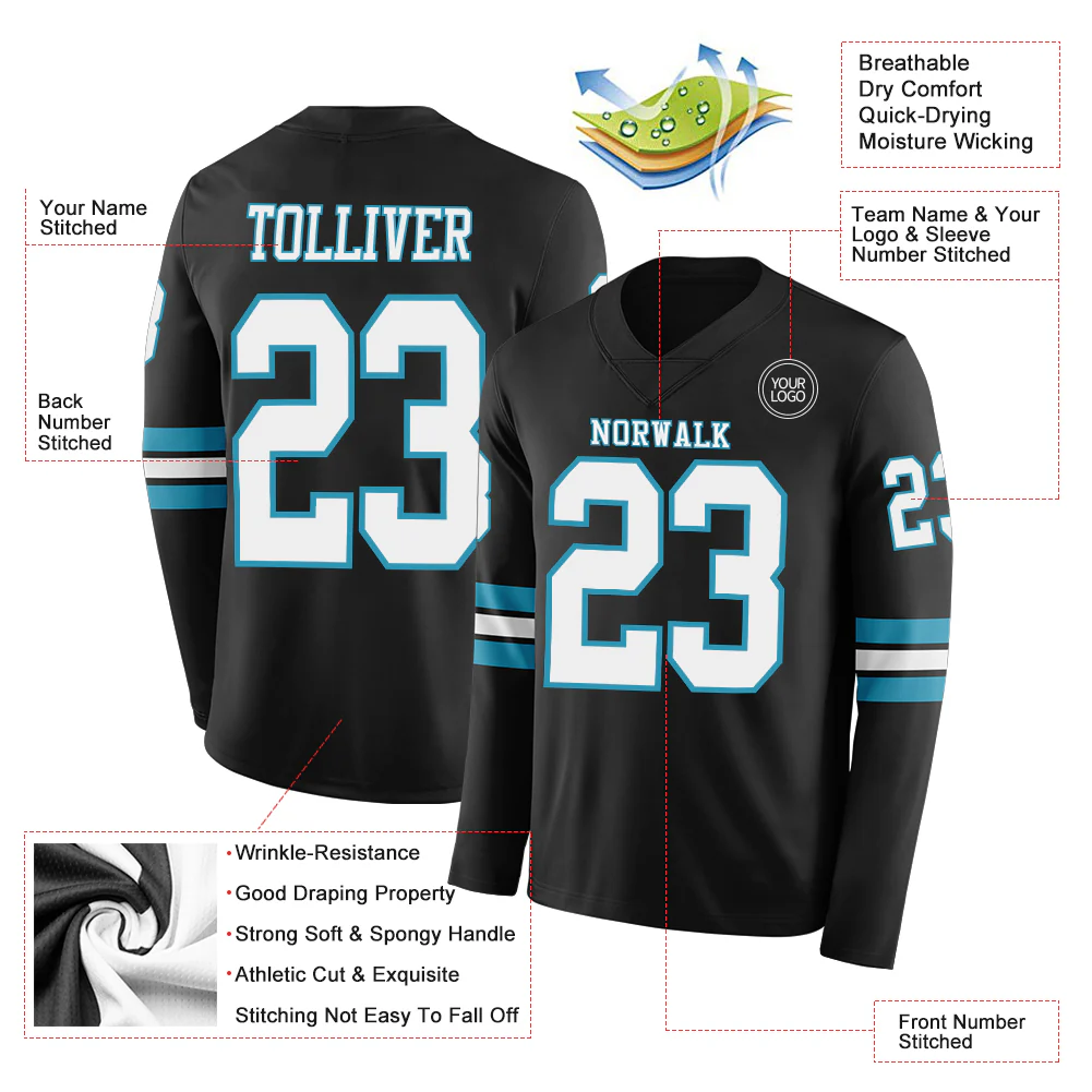 Custom Black White-Panther Blue Long Sleeve Authentic Football Jersey - Image 2