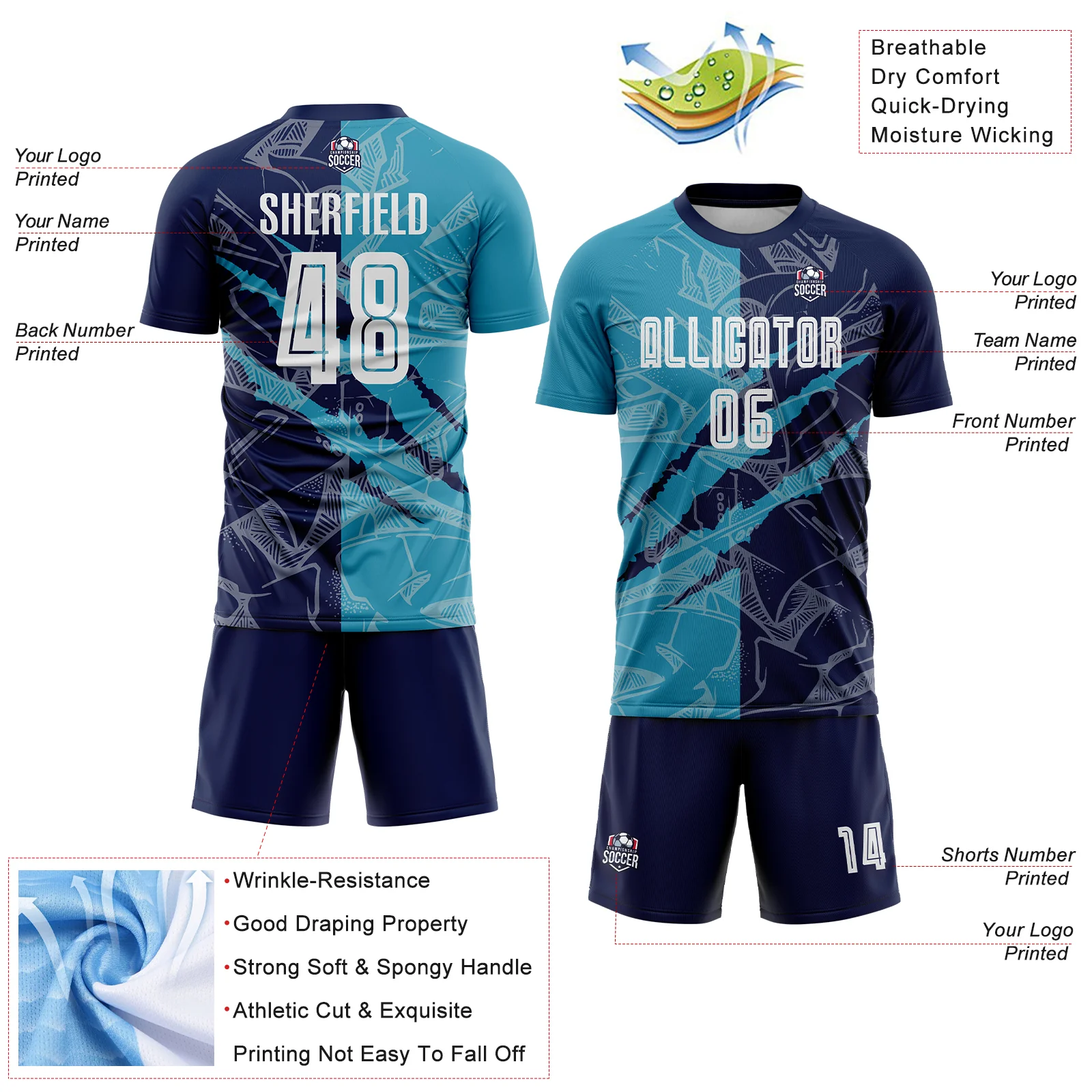 Custom Graffiti Pattern Panther Blue-Navy Scratch Sublimation Soccer Uniform Jersey - Image 4