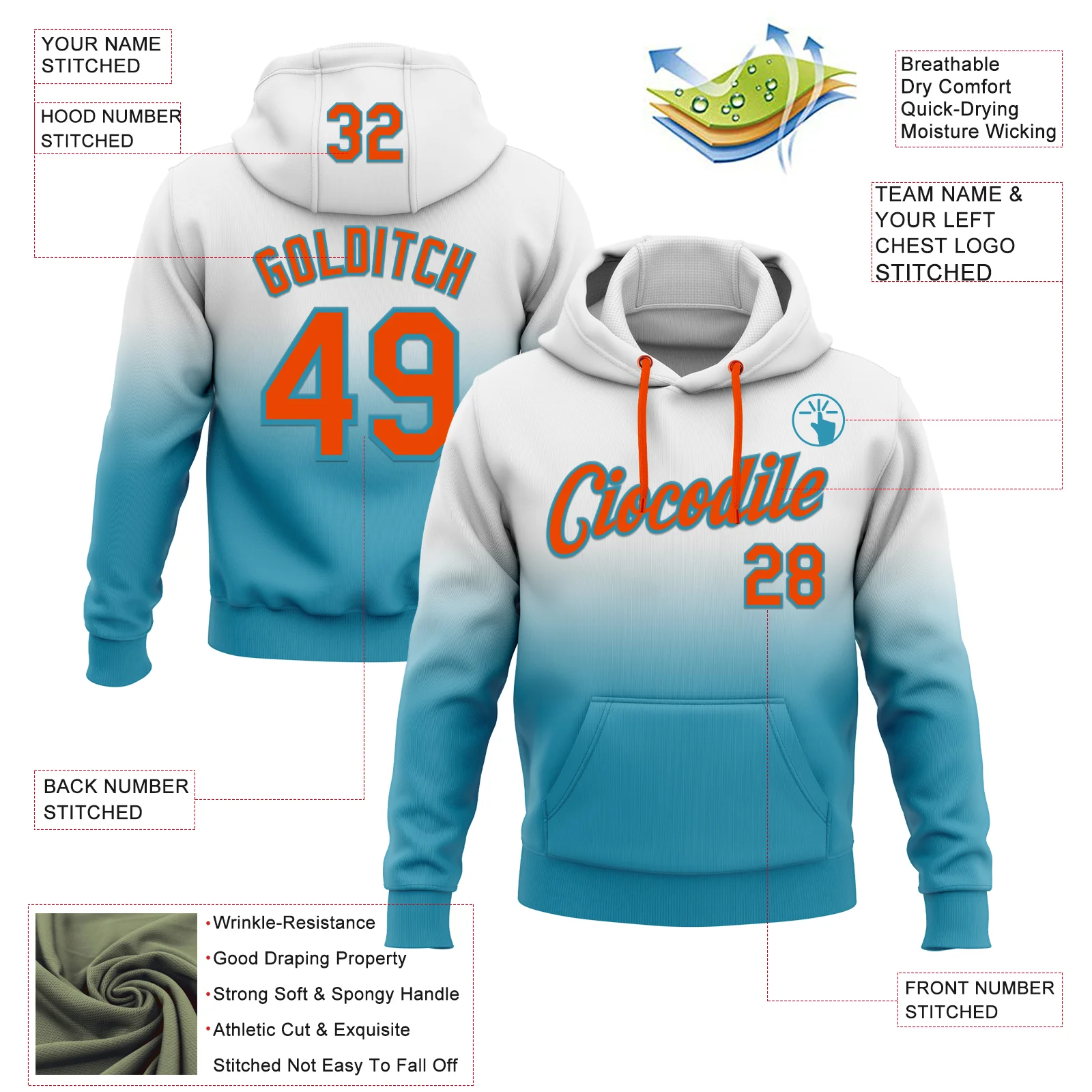 Custom Stitched White Orange-Panther Blue Fade Fashion Sports Pullover Sweatshirt Hoodie - Image 2