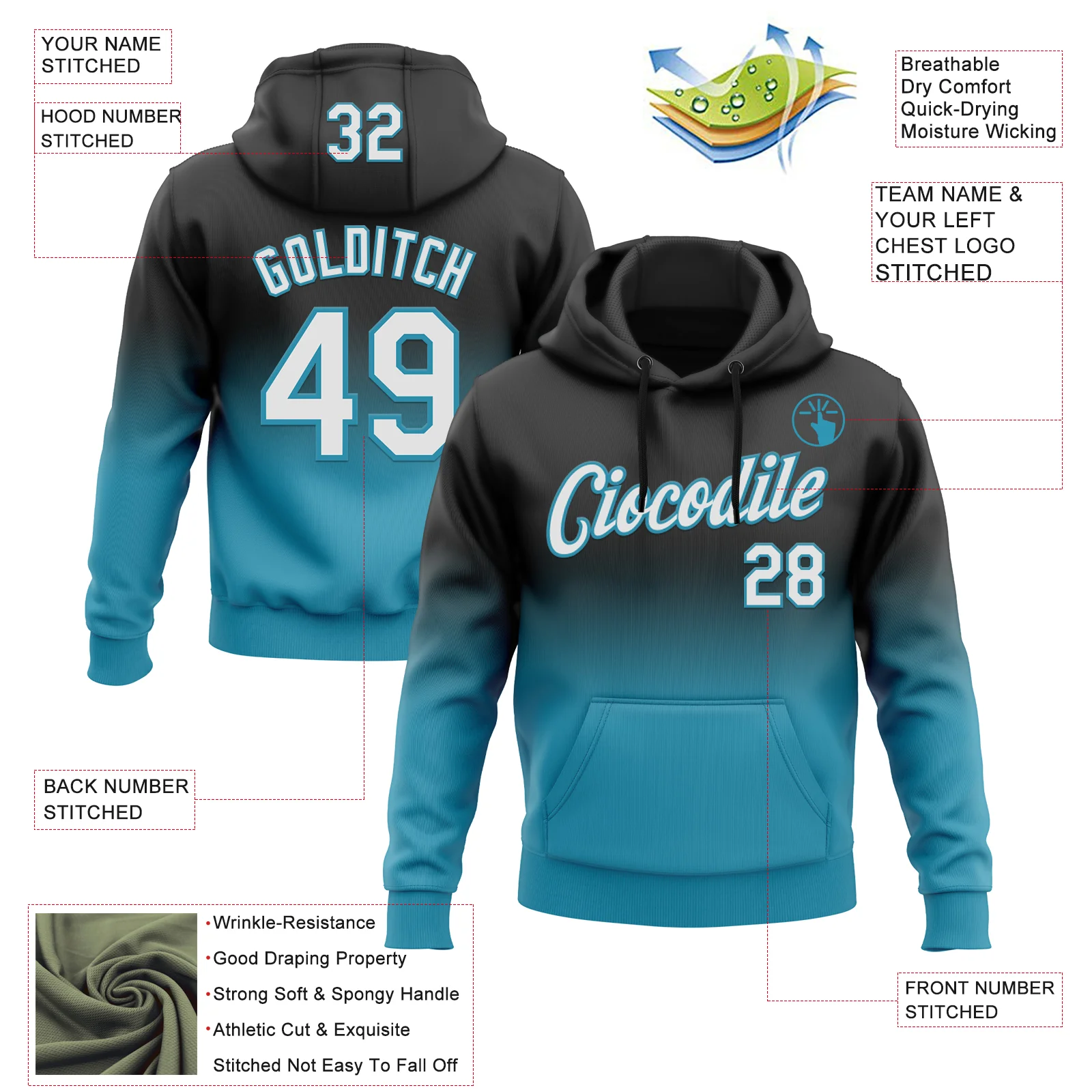 Custom Stitched Black White-Panther Blue Fade Fashion Sports Pullover Sweatshirt Hoodie - Image 2
