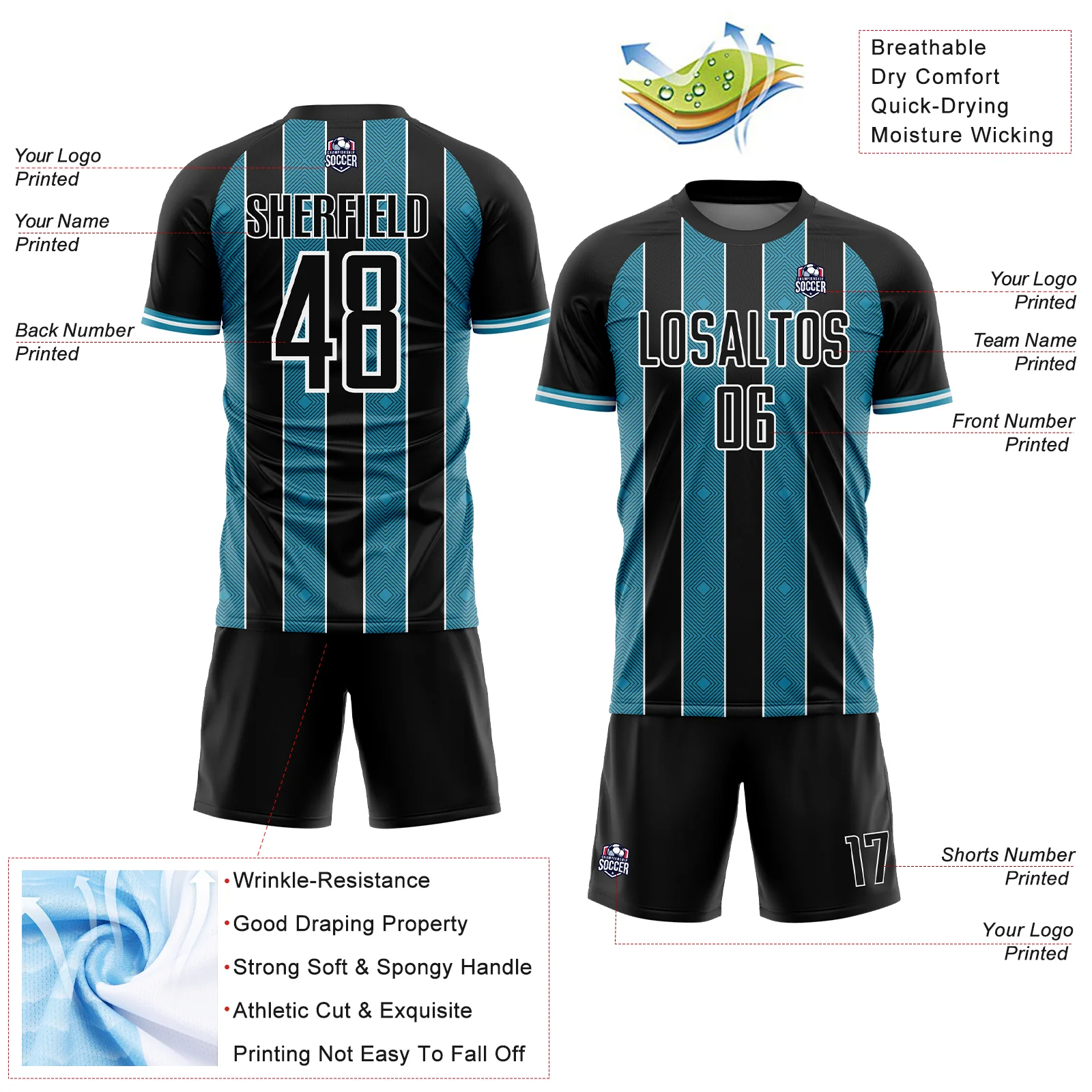 Custom Black Panther Blue-White Pinstripe Line Sports Sublimation Soccer Uniform Jersey - Image 4