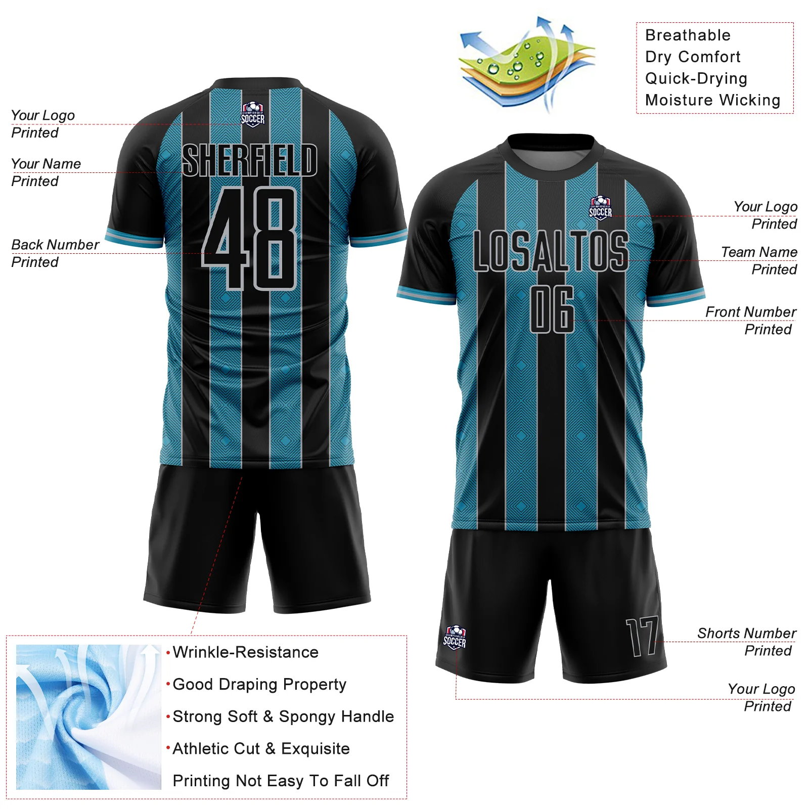 Custom Black Panther Blue-Gray Pinstripe Line Sports Sublimation Soccer Uniform Jersey - Image 4