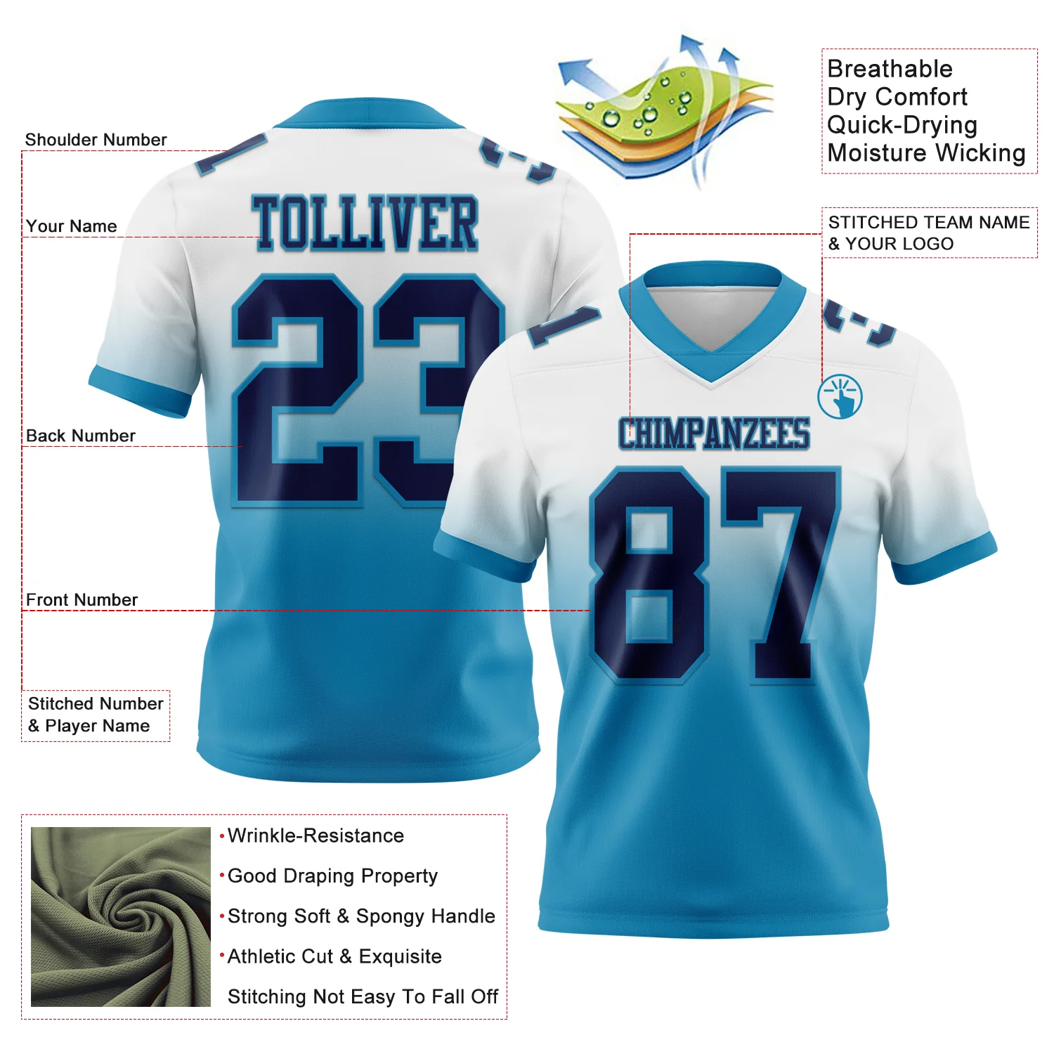 Custom White Navy-Panther Blue Authentic Fade Fashion Football Jersey - Image 2