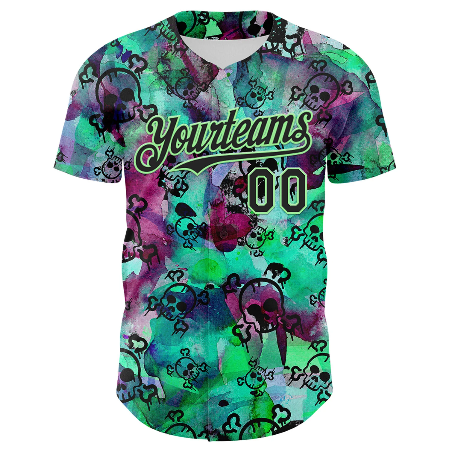 Custom Pea Green Black 3D Graffiti Skull Authentic Baseball Jersey - Image 2