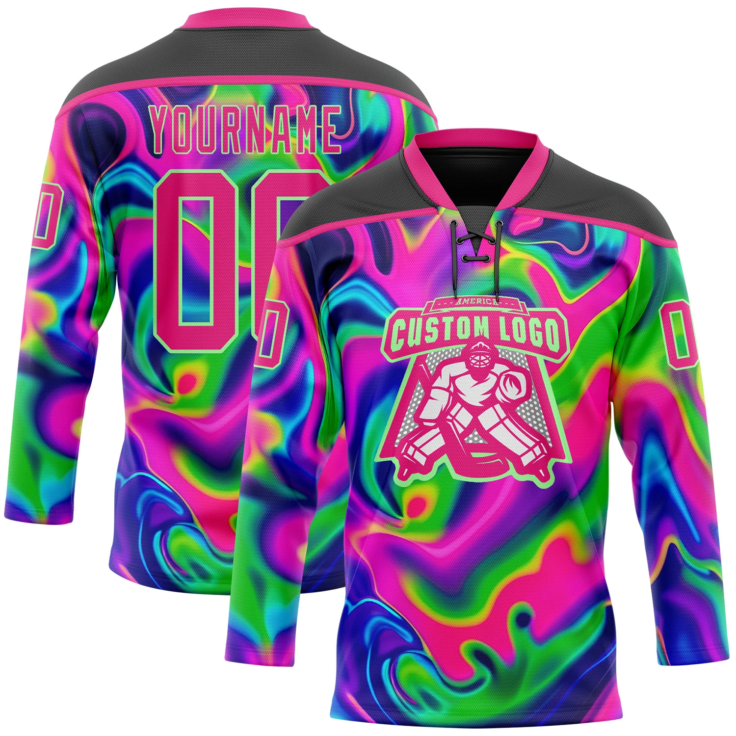 Custom Black Hot Pink-Pea Green Trippy Psychedelic Neon Trendy Holographic Vaporwave Style Hockey Lace Neck Jersey - Image 2