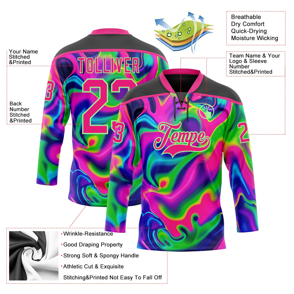 Custom Black Hot Pink-Pea Green Trippy Psychedelic Neon Trendy Holographic Vaporwave Style Hockey Lace Neck Jersey - Image 5