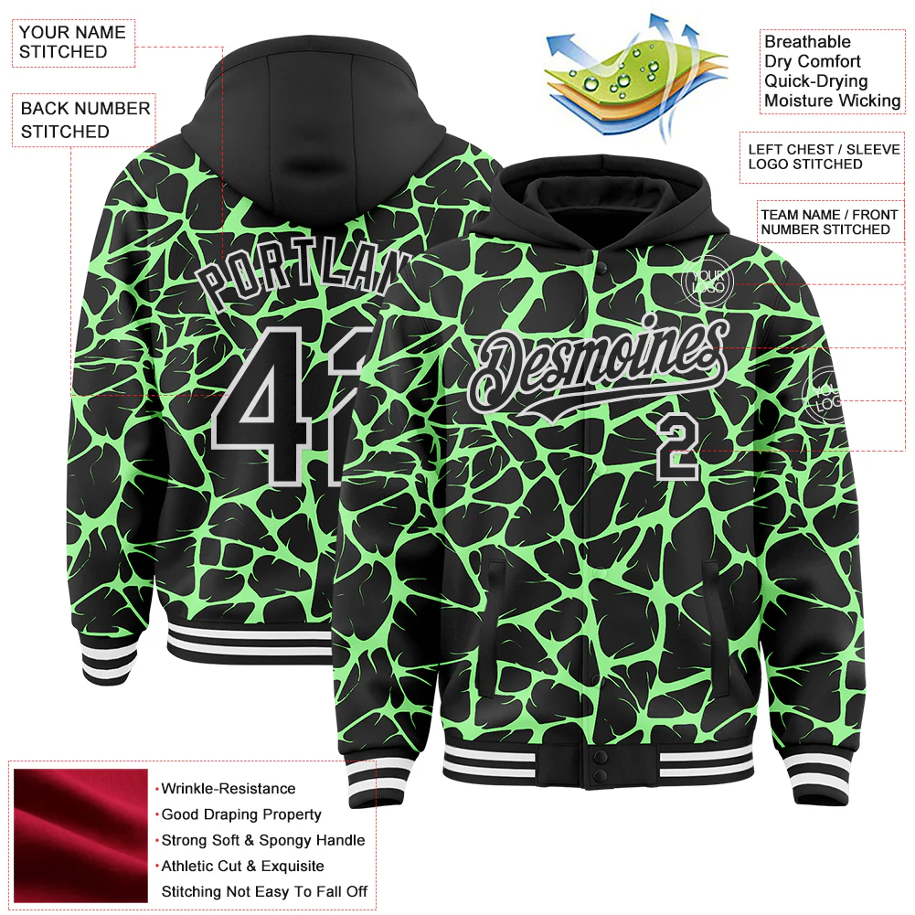 Custom Black Pea Green-White Abstract Network Bomber Full-Snap Varsity Letterman Hoodie Jacket - Image 4