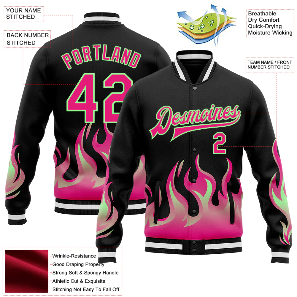 Custom Black Hot Pink Pea Green-White Flame Bomber Full-Snap Varsity Letterman Jacket - Image 4