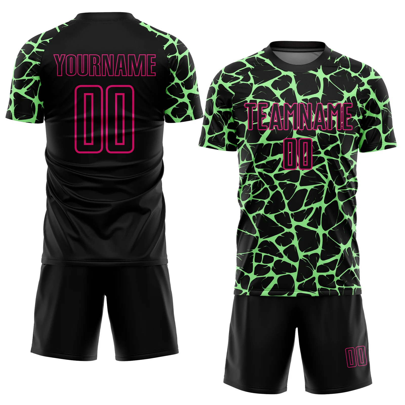 Custom Black Pea Green-Hot Pink Abstract Network Splash Sublimation Soccer Uniform Jersey - Image 2