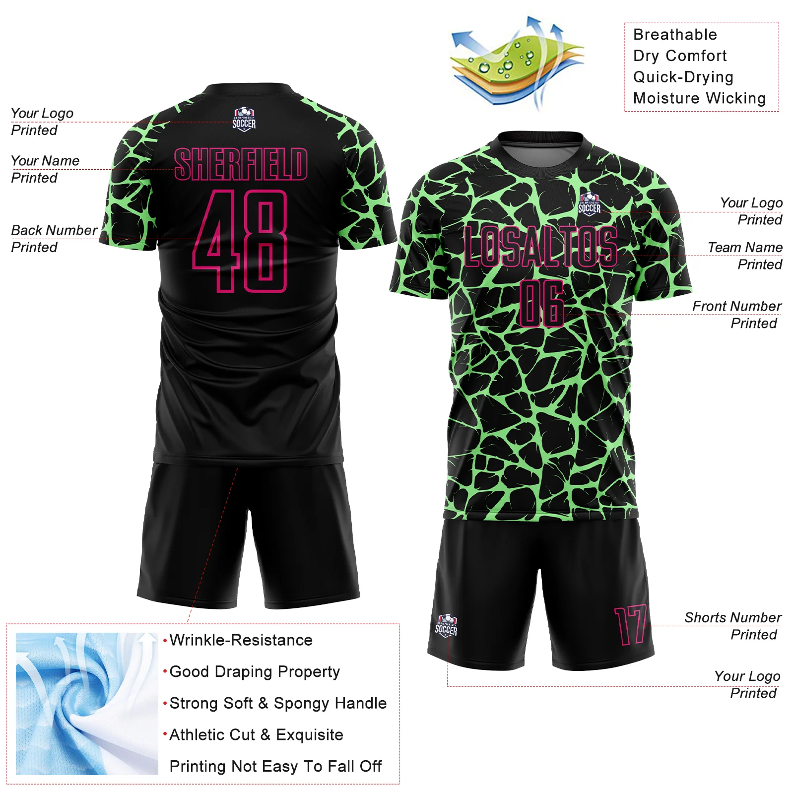 Custom Black Pea Green-Hot Pink Abstract Network Splash Sublimation Soccer Uniform Jersey - Image 4