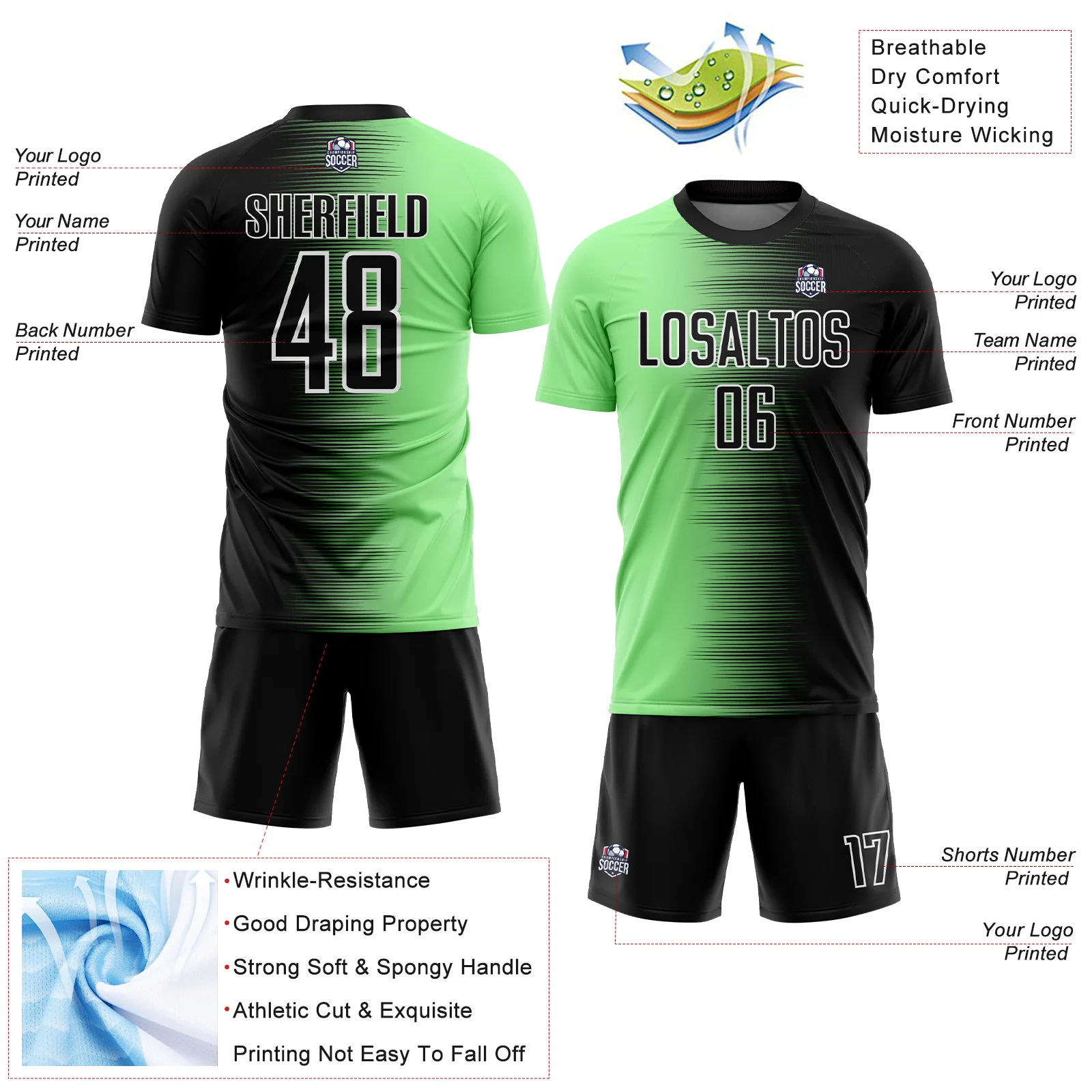Custom Black Pea Green-White Gradient Line Sublimation Soccer Uniform Jersey - Image 4