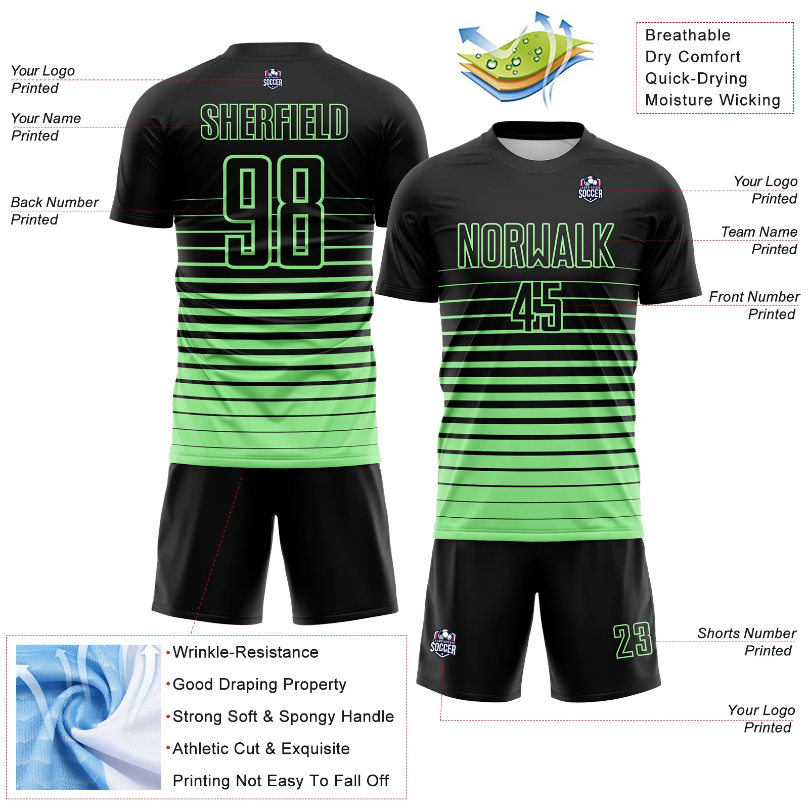 Custom Black Pea Green Gradient Pinstripe Sublimation Soccer Uniform Jersey - Image 4
