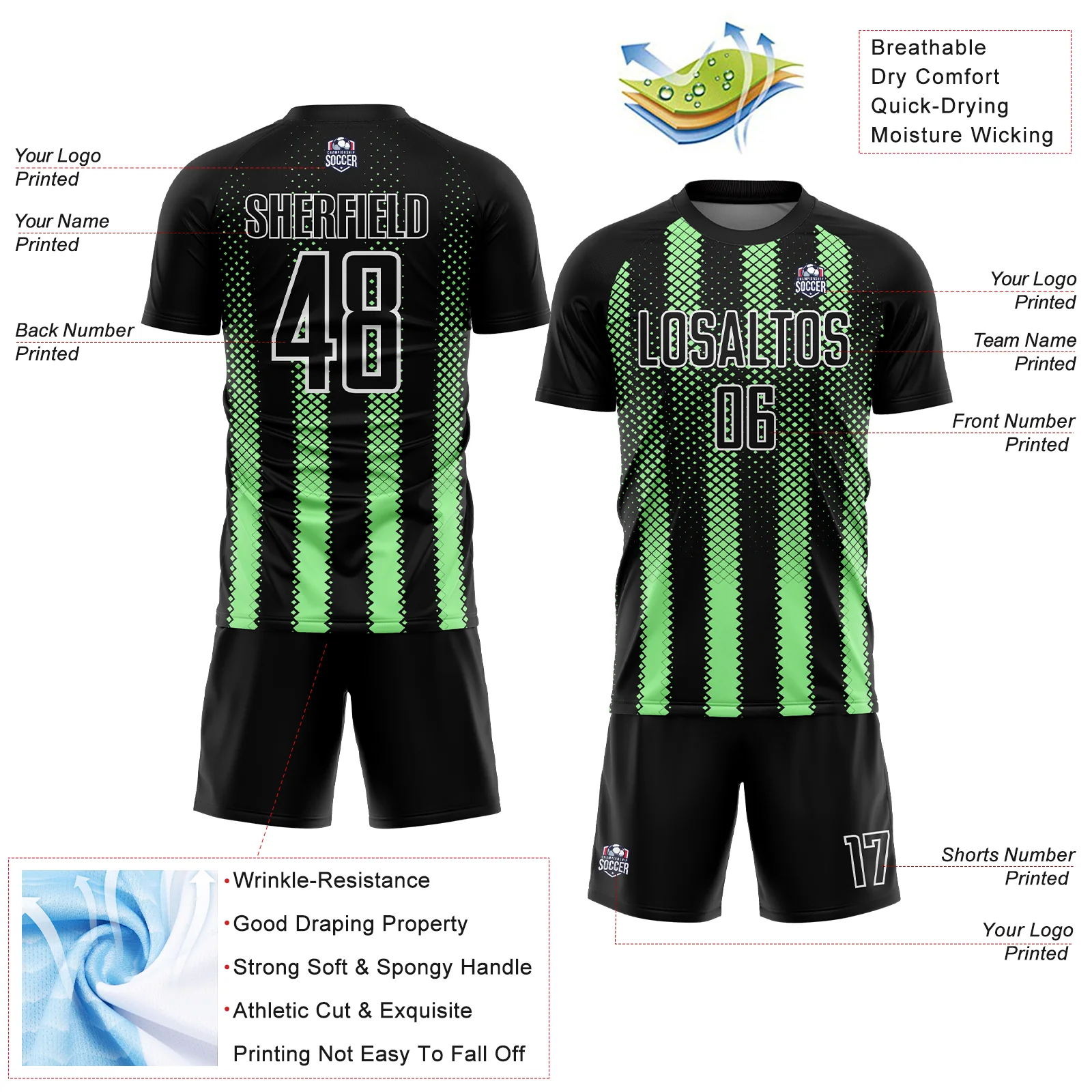 Custom Black Pea Green-White Geometric Shape Sublimation Soccer Uniform Jersey - Image 4