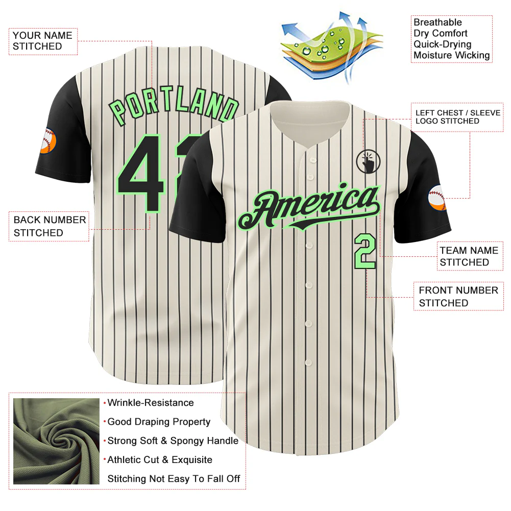 Custom Cream Black Pinstripe Pea Green Authentic Two Tone Baseball Jersey - Image 3