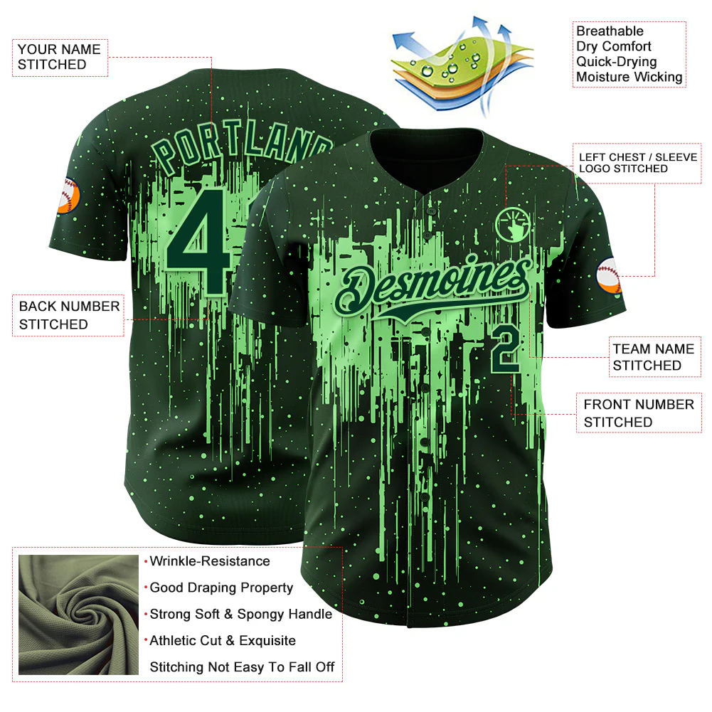 Custom Green Pea Green Dripping Splatter Paint Authentic Baseball Jersey - Image 3