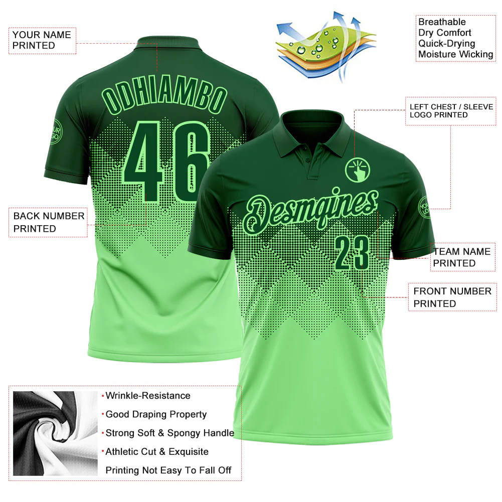 Custom Green Pea Green 3D Pattern Design Gradient Square Shape Performance Polo Shirt - Image 3