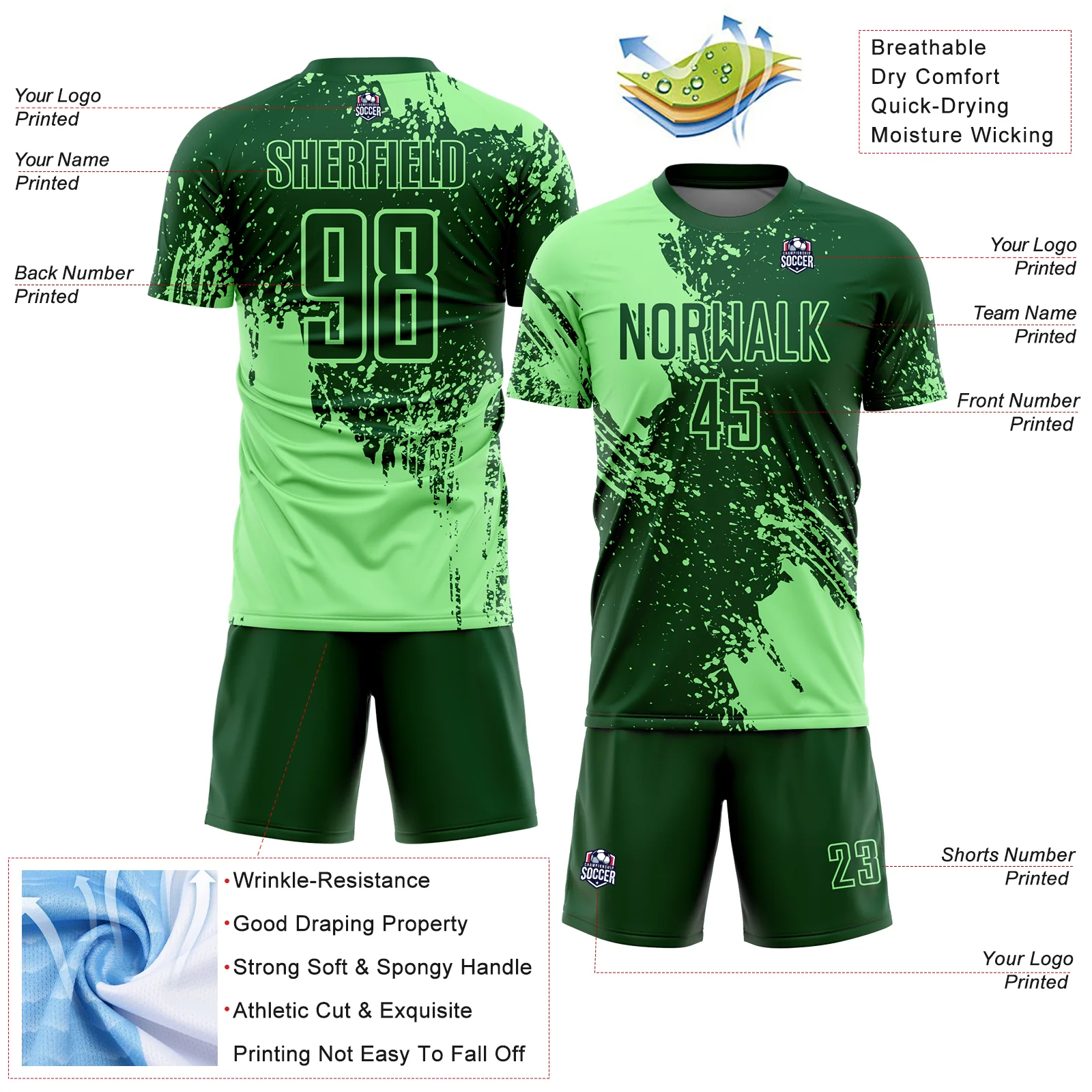 Custom Green Pea Green Abstract Brush Stroke Sports Sublimation Soccer Uniform Jersey - Image 4