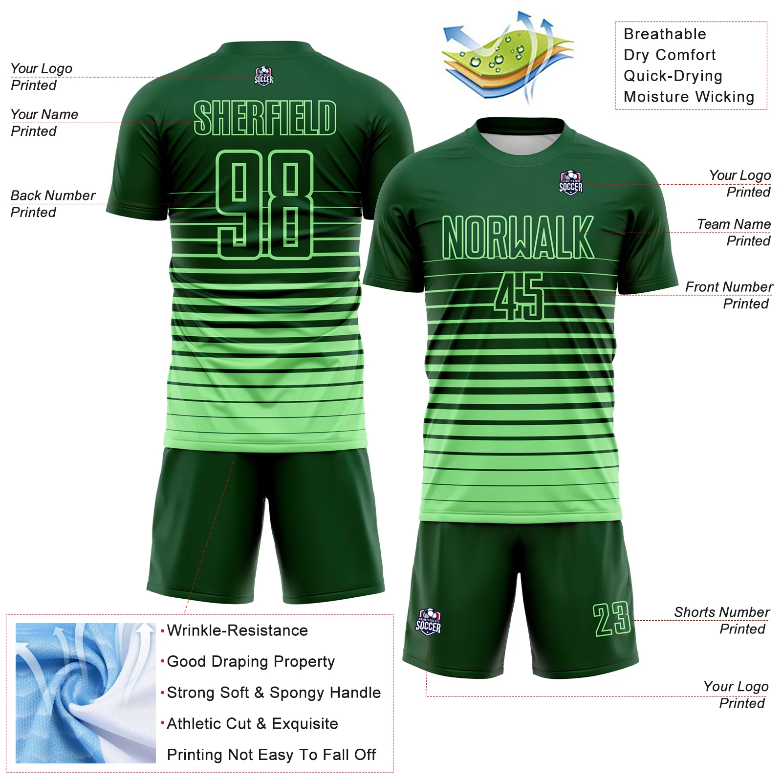 Custom Green Pea Green Gradient Pinstripe Sublimation Soccer Uniform Jersey - Image 4