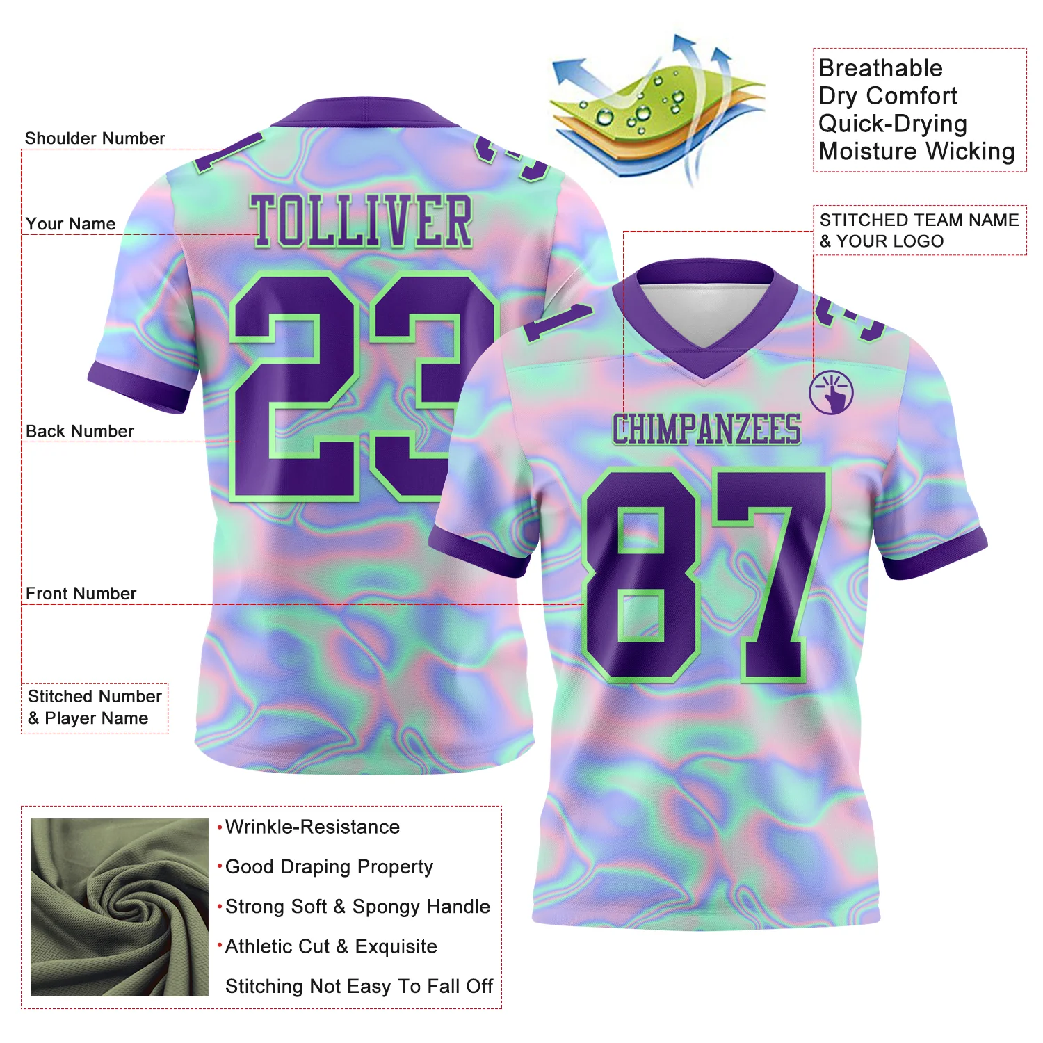Custom Light Blue Purple-Pea Green 3D Pattern Abstract Trendy Holographic Vaporwave Style Authentic Football Jersey - Image 3