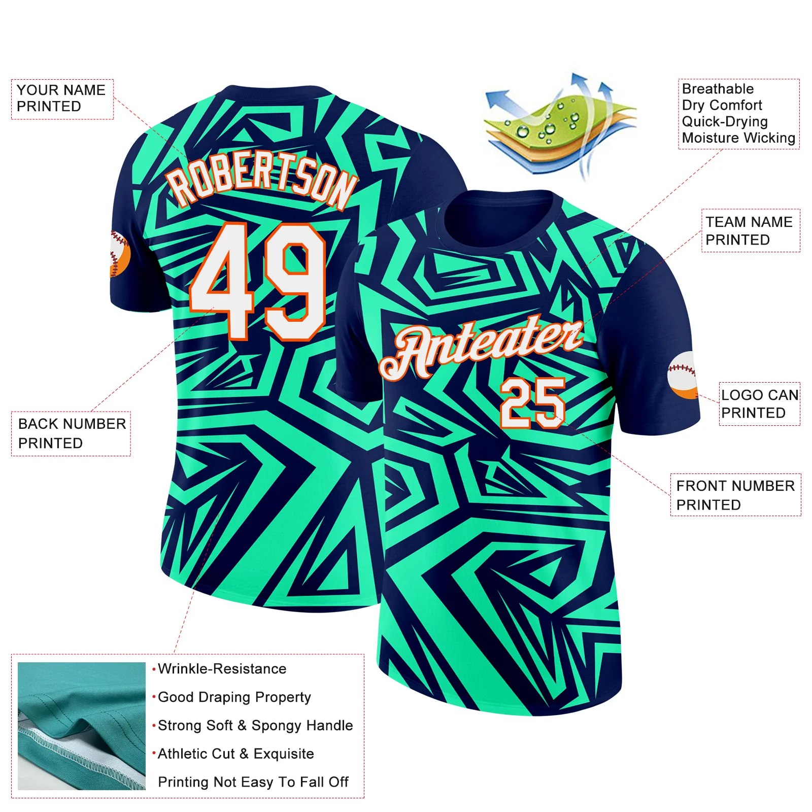 Custom Navy Pea Green-Orange 3D Esports Performance T-Shirt - Image 2