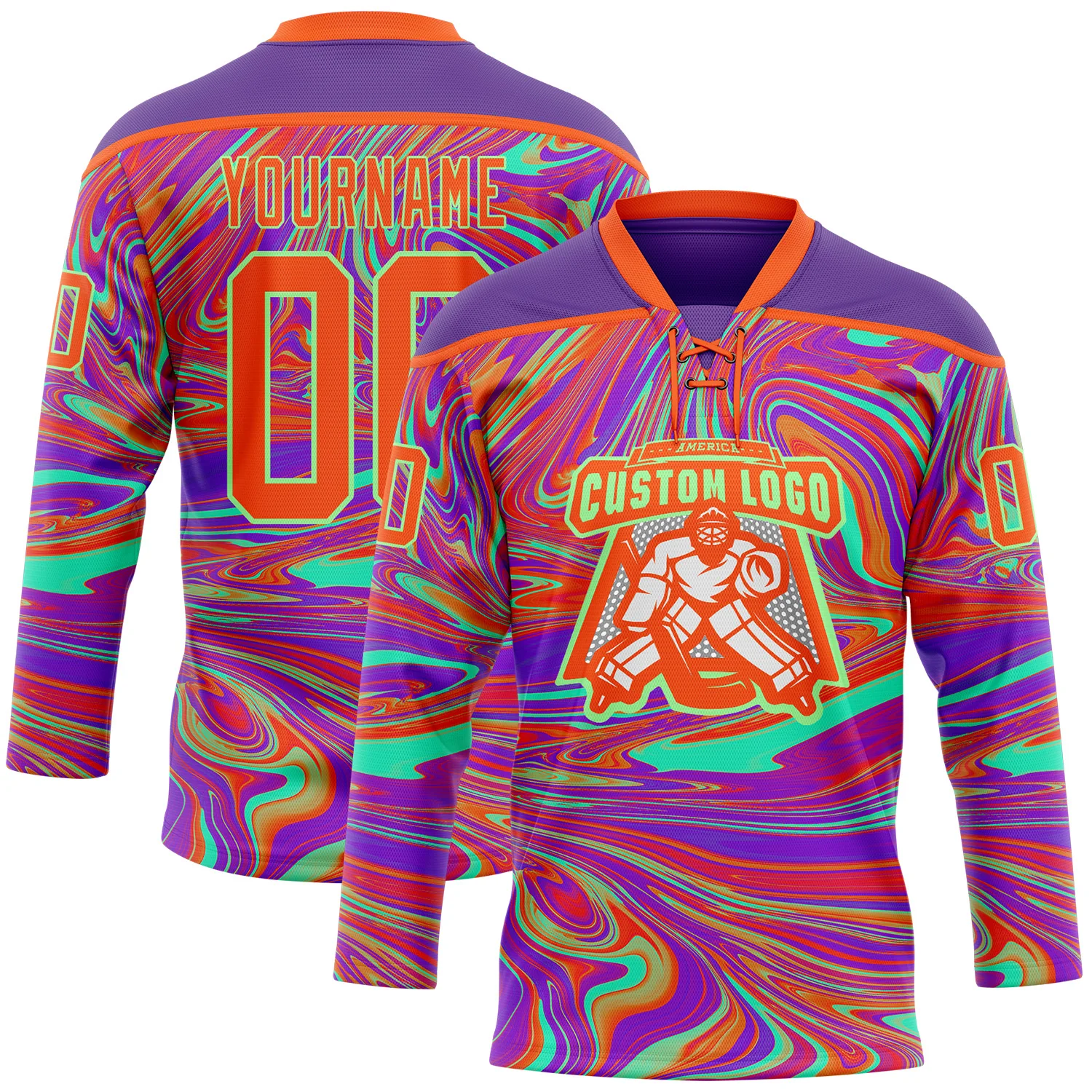 Custom Purple Orange-Pea Green Trippy Psychedelic Fluid Hockey Lace Neck Jersey - Image 2