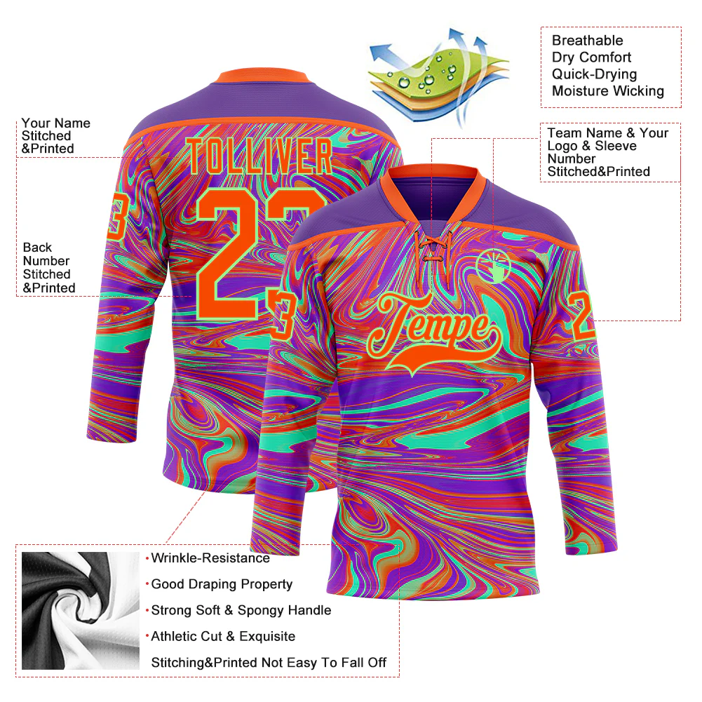 Custom Purple Orange-Pea Green Trippy Psychedelic Fluid Hockey Lace Neck Jersey - Image 5
