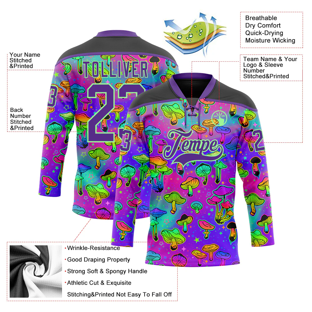 Custom Purple Pea Green-Black Trippy Psychedelic Magic Mushrooms Hockey Lace Neck Jersey - Image 5