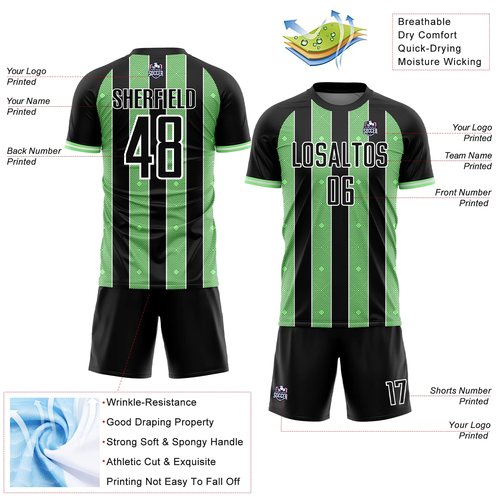 Custom Black Pea Green-White Pinstripe Line Sports Sublimation Soccer Uniform Jersey - Image 4