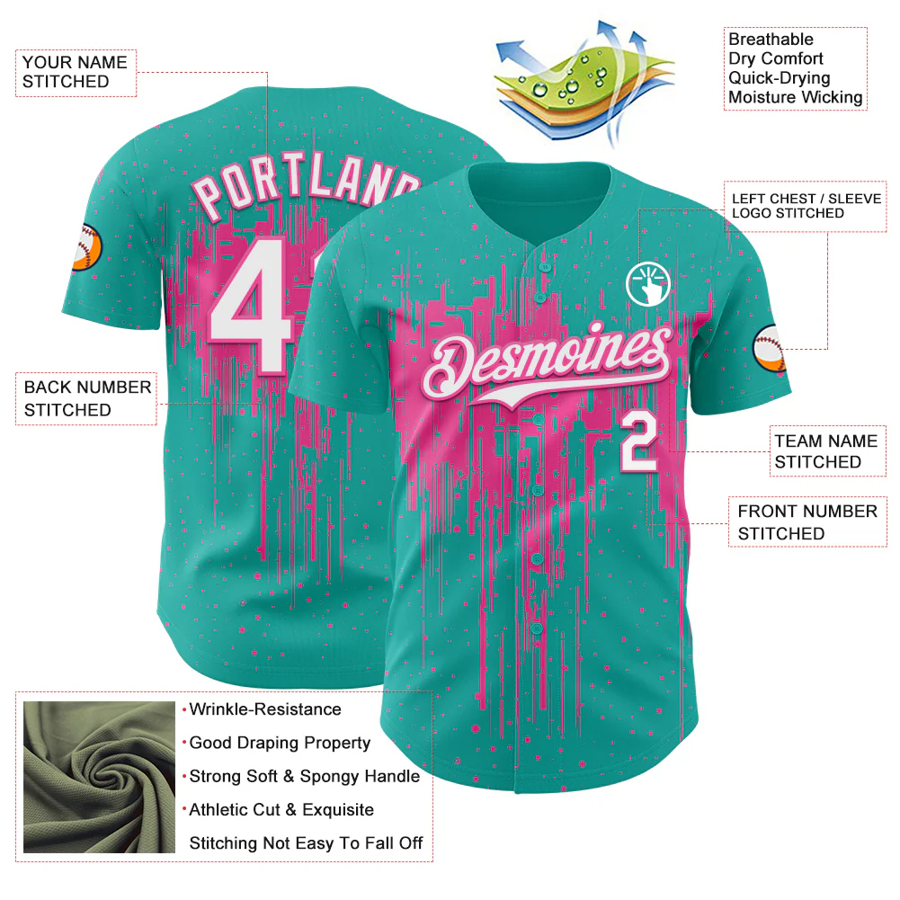 Custom Aqua White-Pink Dripping Splatter Paint Authentic Baseball Jersey - Image 3