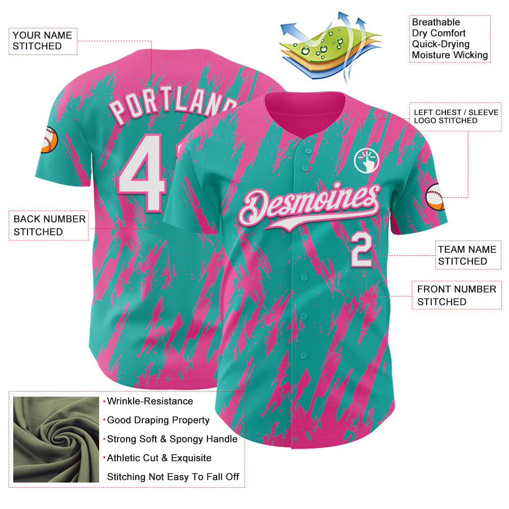 Custom Aqua White-Pink Splatter Torn Sharp Brush Stroke Authentic Baseball Jersey - Image 3