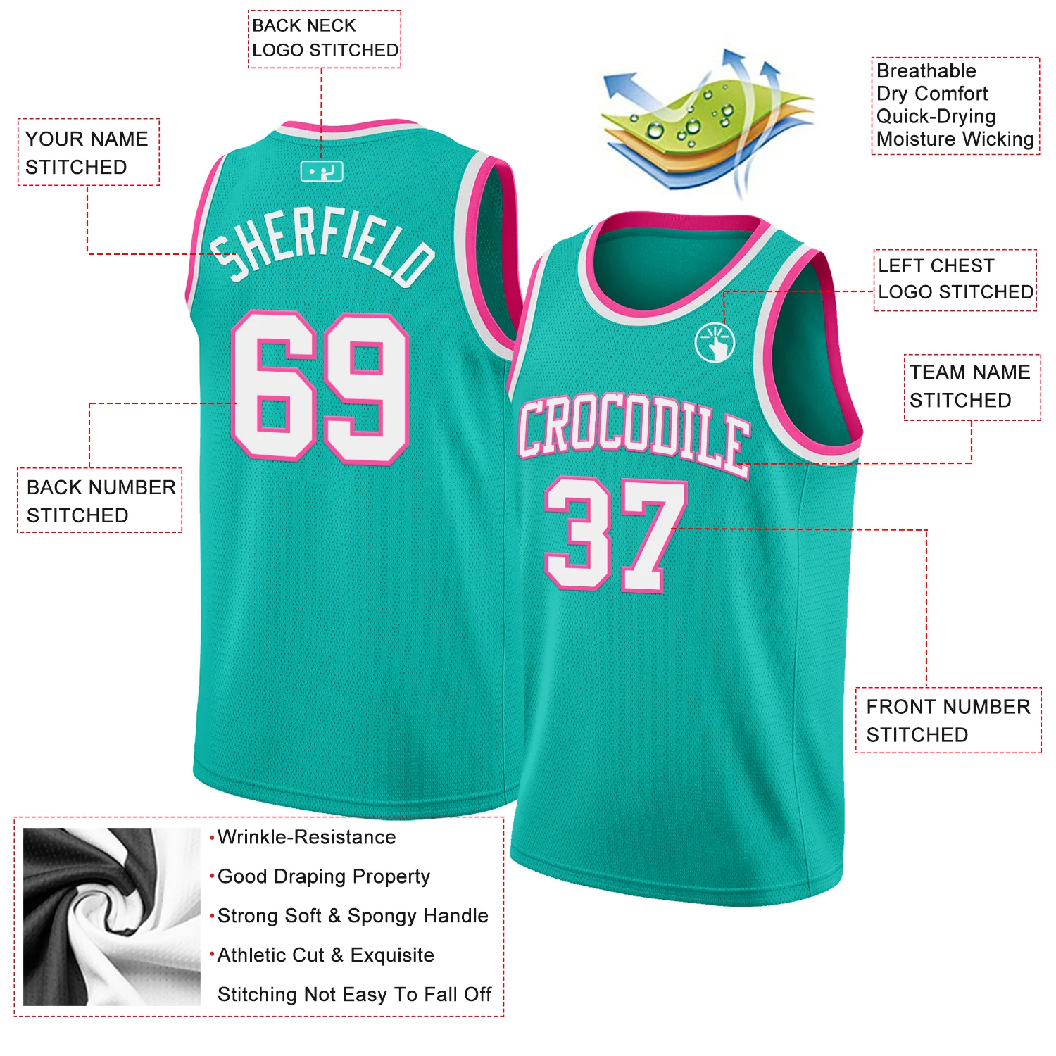 Custom Aqua White-Pink Authentic Basketball Jersey - Image 2