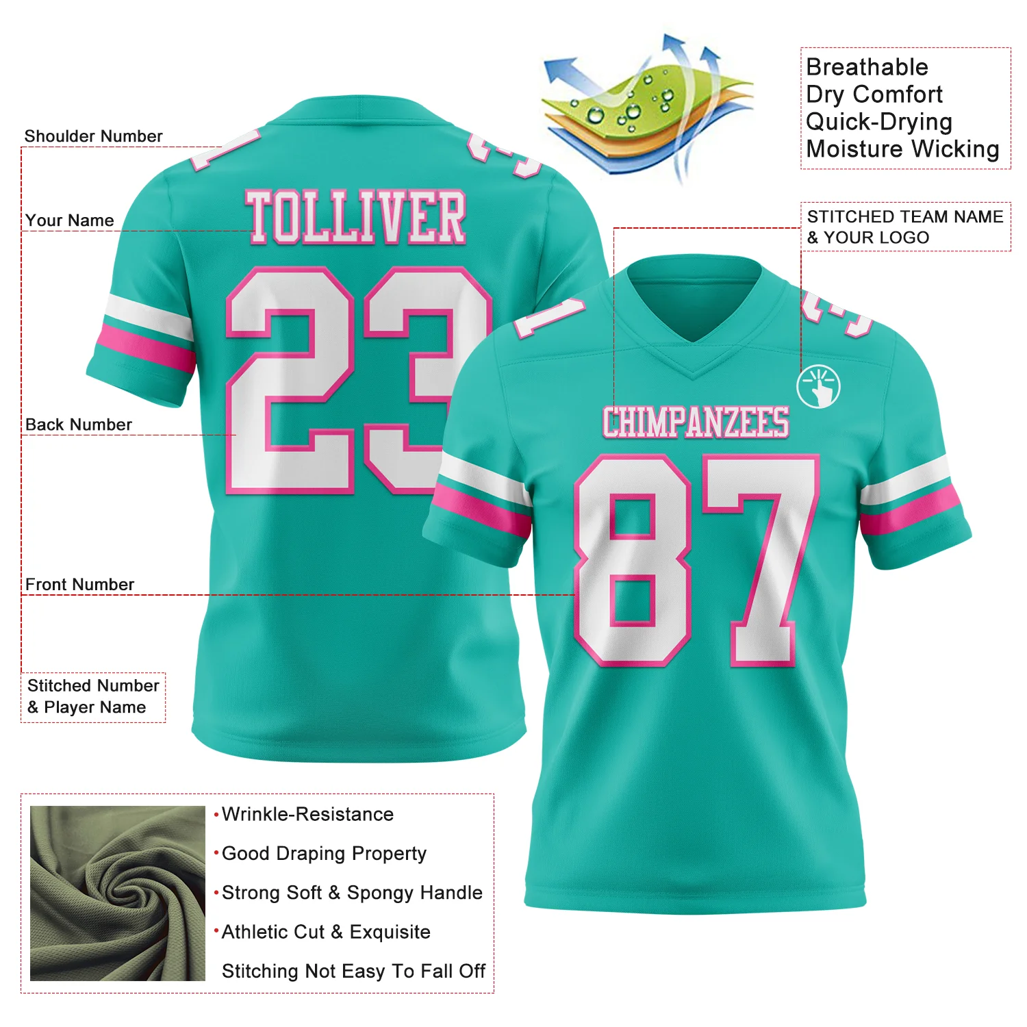 Custom Aqua White-Pink Authentic Football Jersey - Image 3