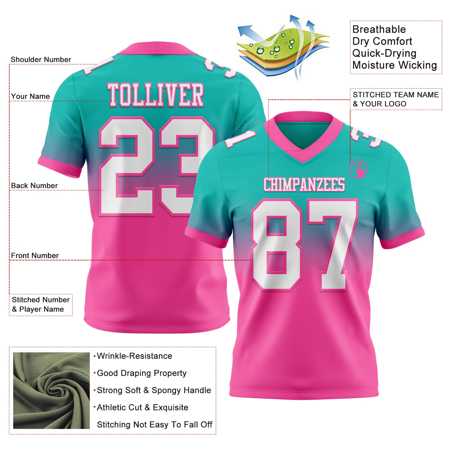 Custom Aqua White-Pink Authentic Fade Fashion Football Jersey - Image 2