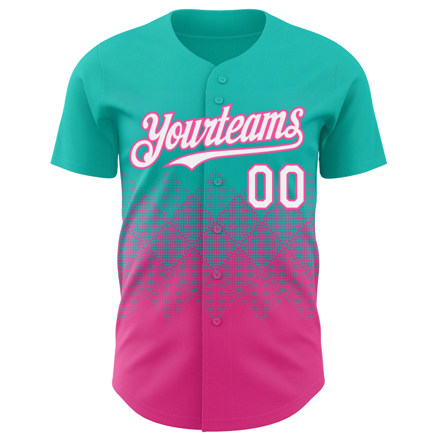 Custom Aqua White-Pink 3D Gradient Square Shape Authentic Baseball Jersey - Image 2