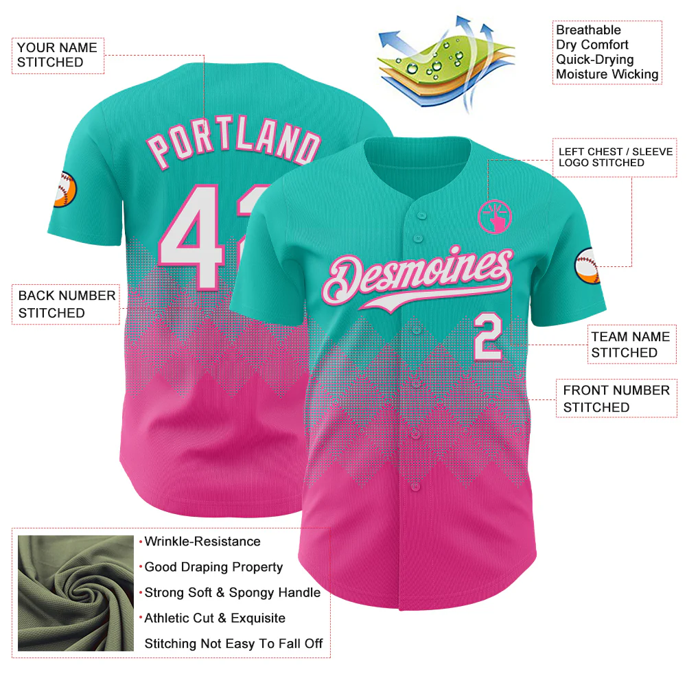 Custom Aqua White-Pink 3D Gradient Square Shape Authentic Baseball Jersey - Image 3