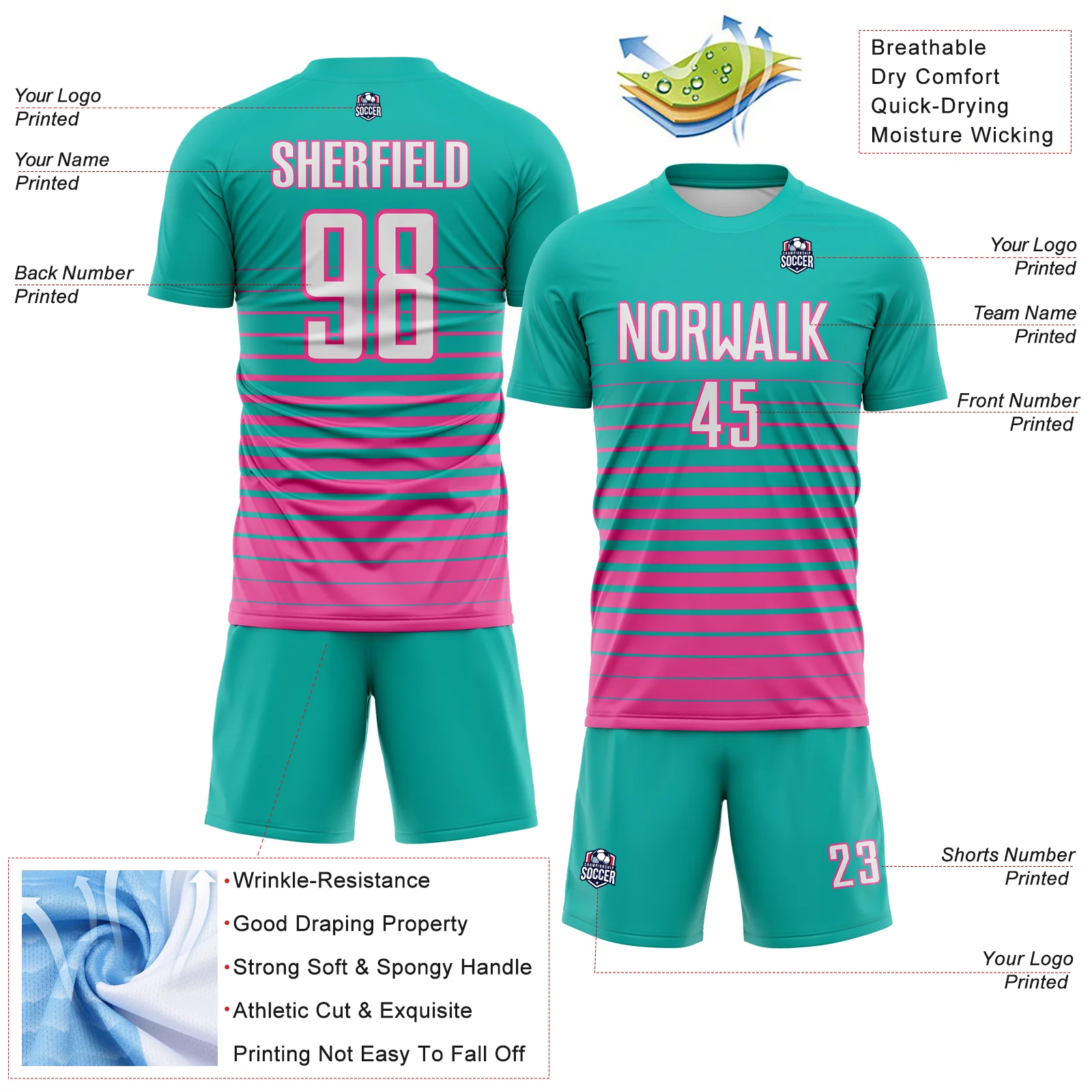 Custom Aqua White-Pink Gradient Pinstripe Sublimation Soccer Uniform Jersey - Image 4