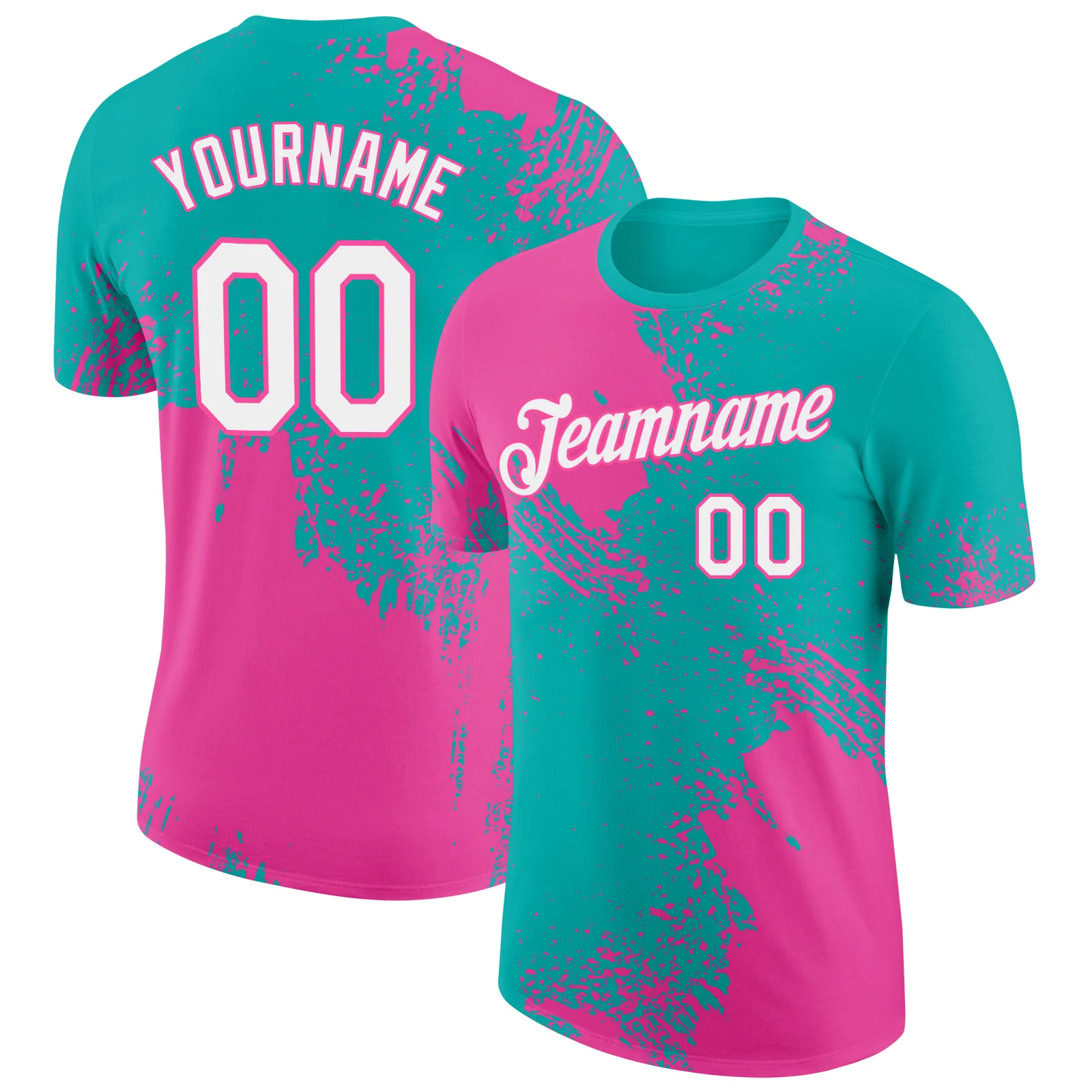 Custom Aqua White-Pink 3D Pattern Design Abstract Brush Stroke Performance T-Shirt