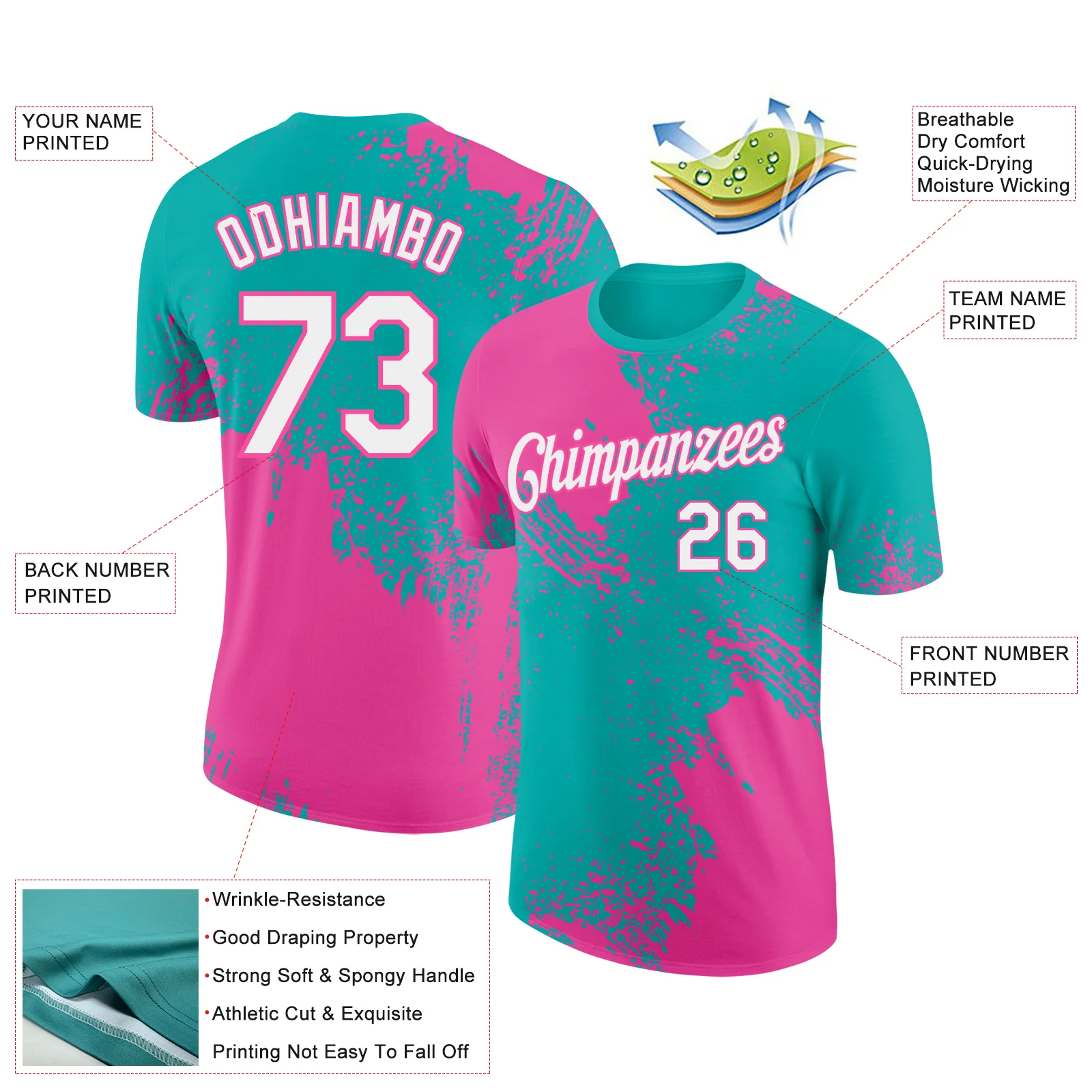 Custom Aqua White-Pink 3D Pattern Design Abstract Brush Stroke Performance T-Shirt - Image 2