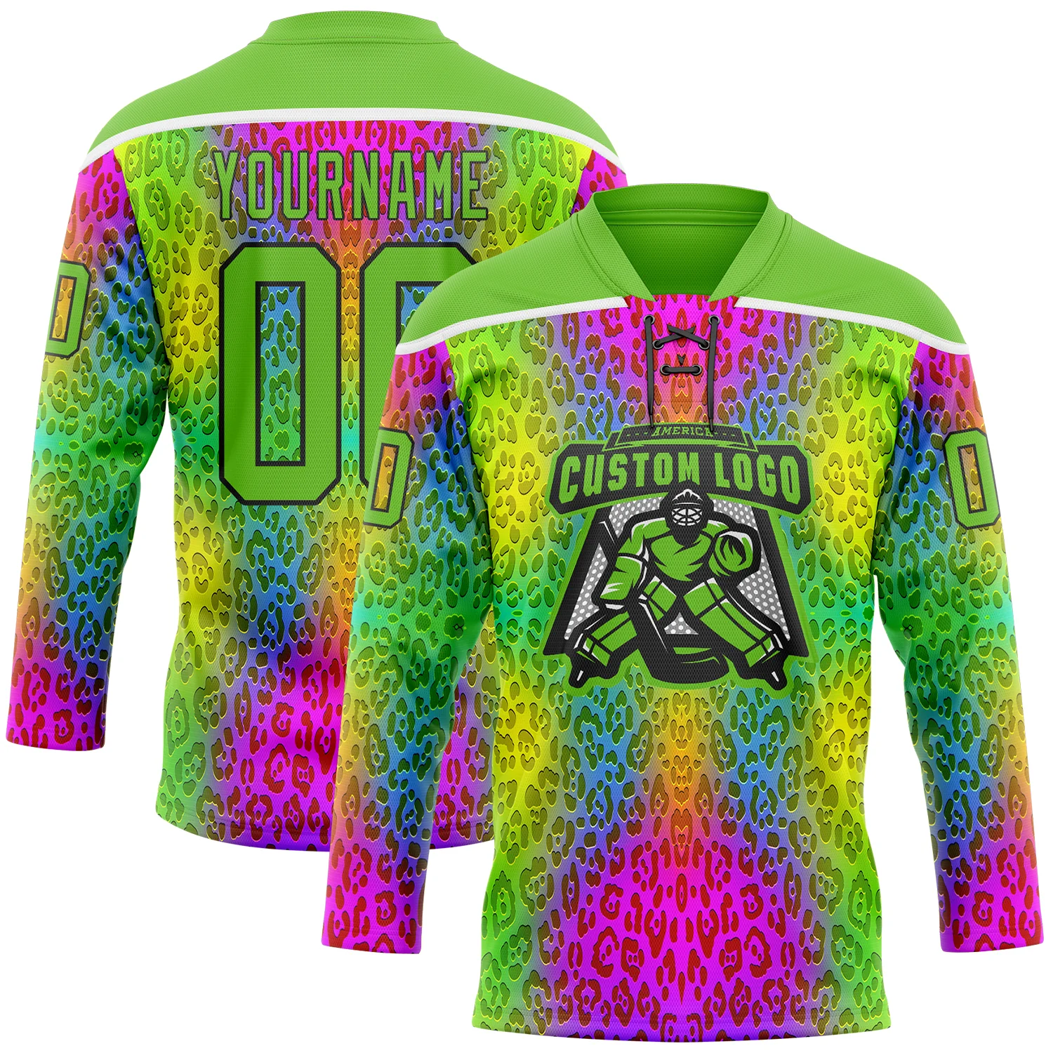 Custom Aurora Green Pink Black-White Leopard Print Neon Hockey Lace Neck Jersey - Image 2