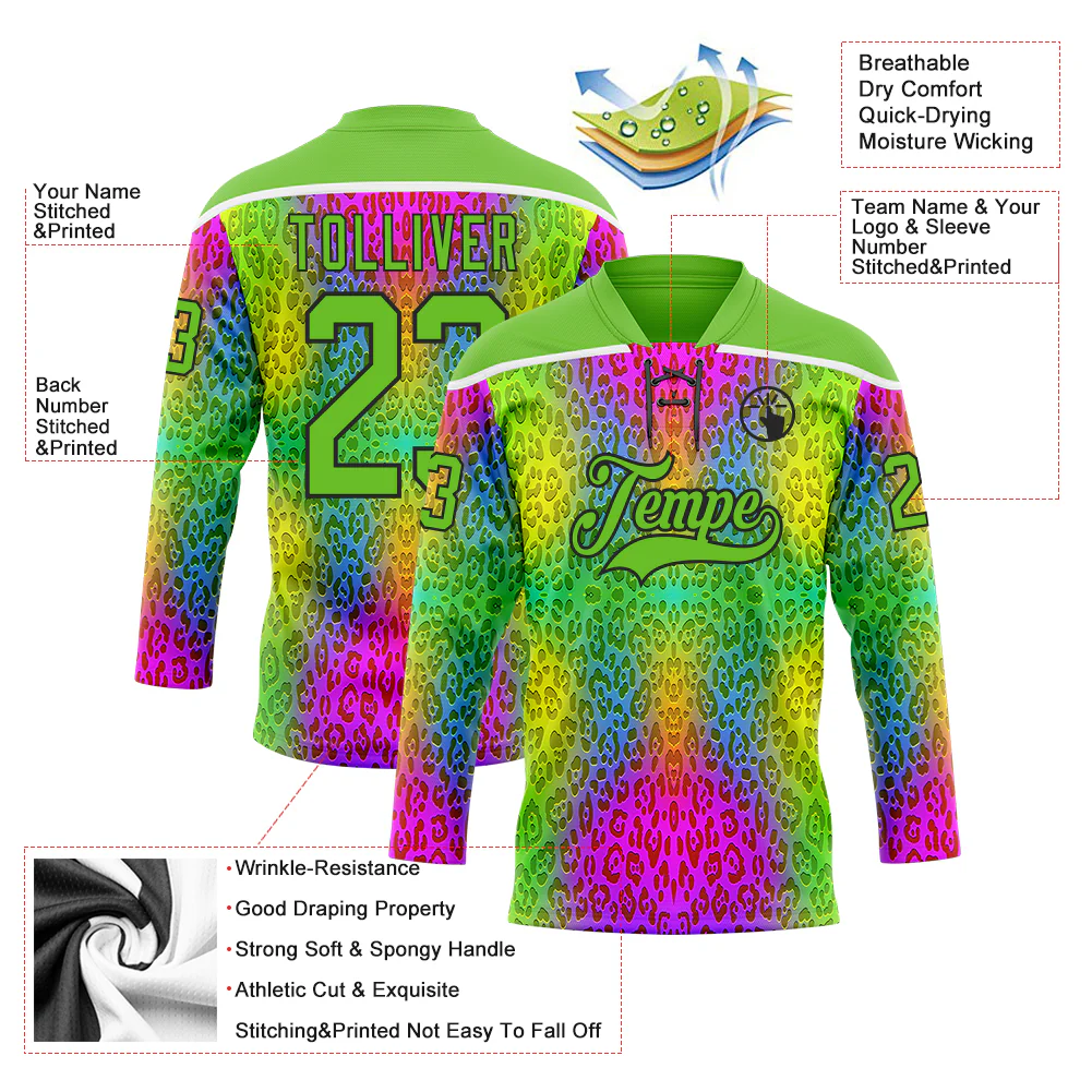 Custom Aurora Green Pink Black-White Leopard Print Neon Hockey Lace Neck Jersey - Image 5