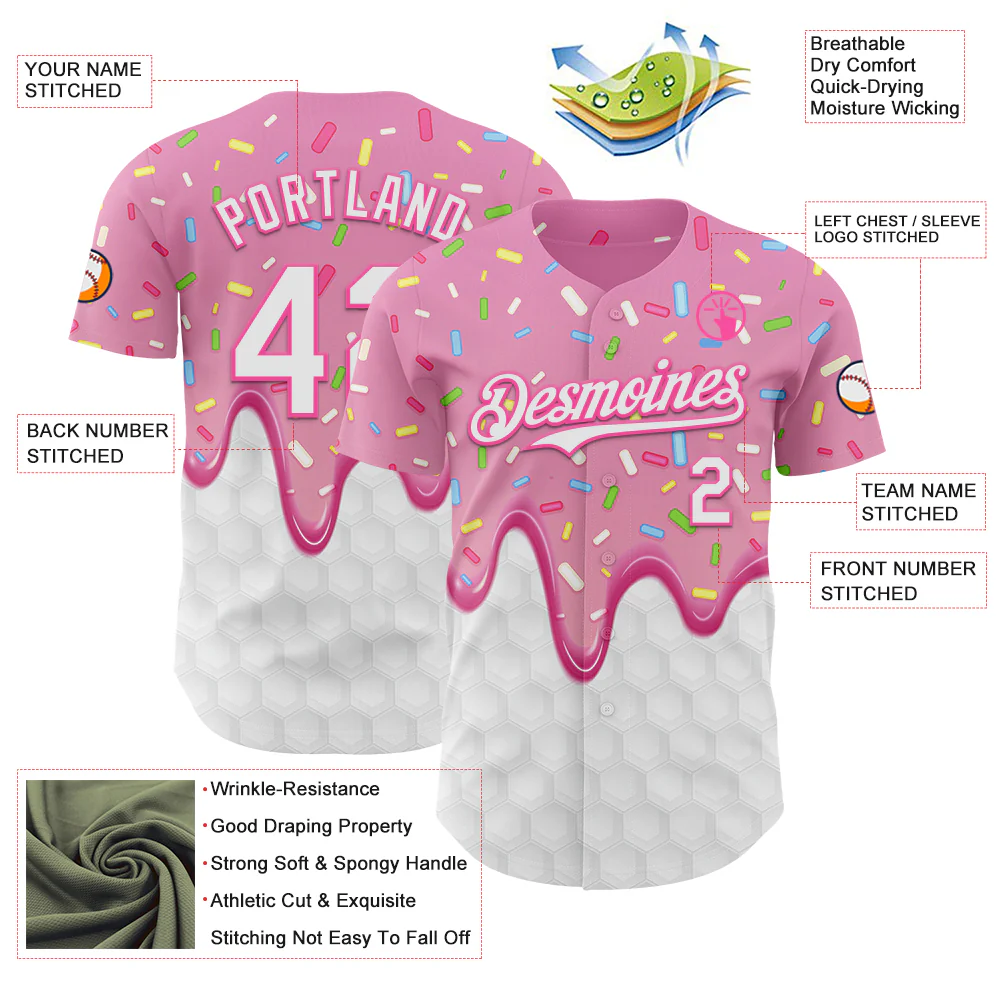 Custom Pink White Foodie Dripping Ice Cream Authentic Baseball Jersey - Image 3